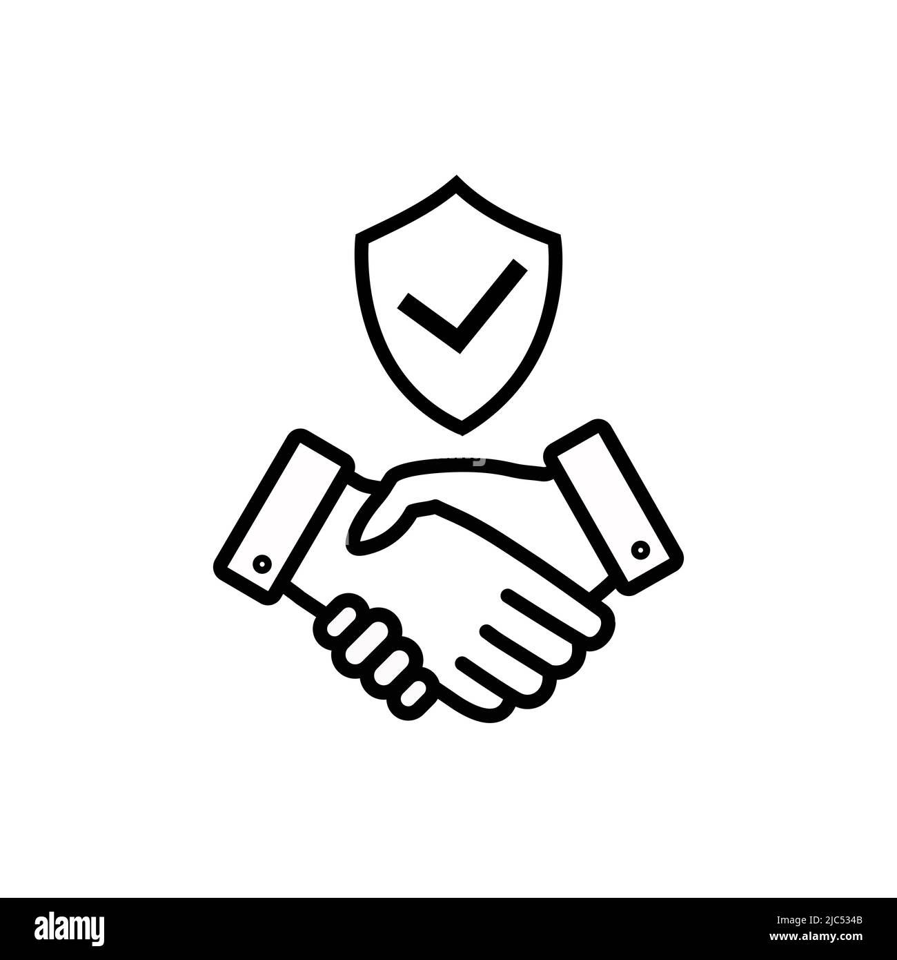 Icona di handshake e protezione. Contratto commerciale con segno di spunta e protezione segno di sicurezza. Simbolo della partnership mondiale. Vettore isolato su bianco. Illustrazione Vettoriale