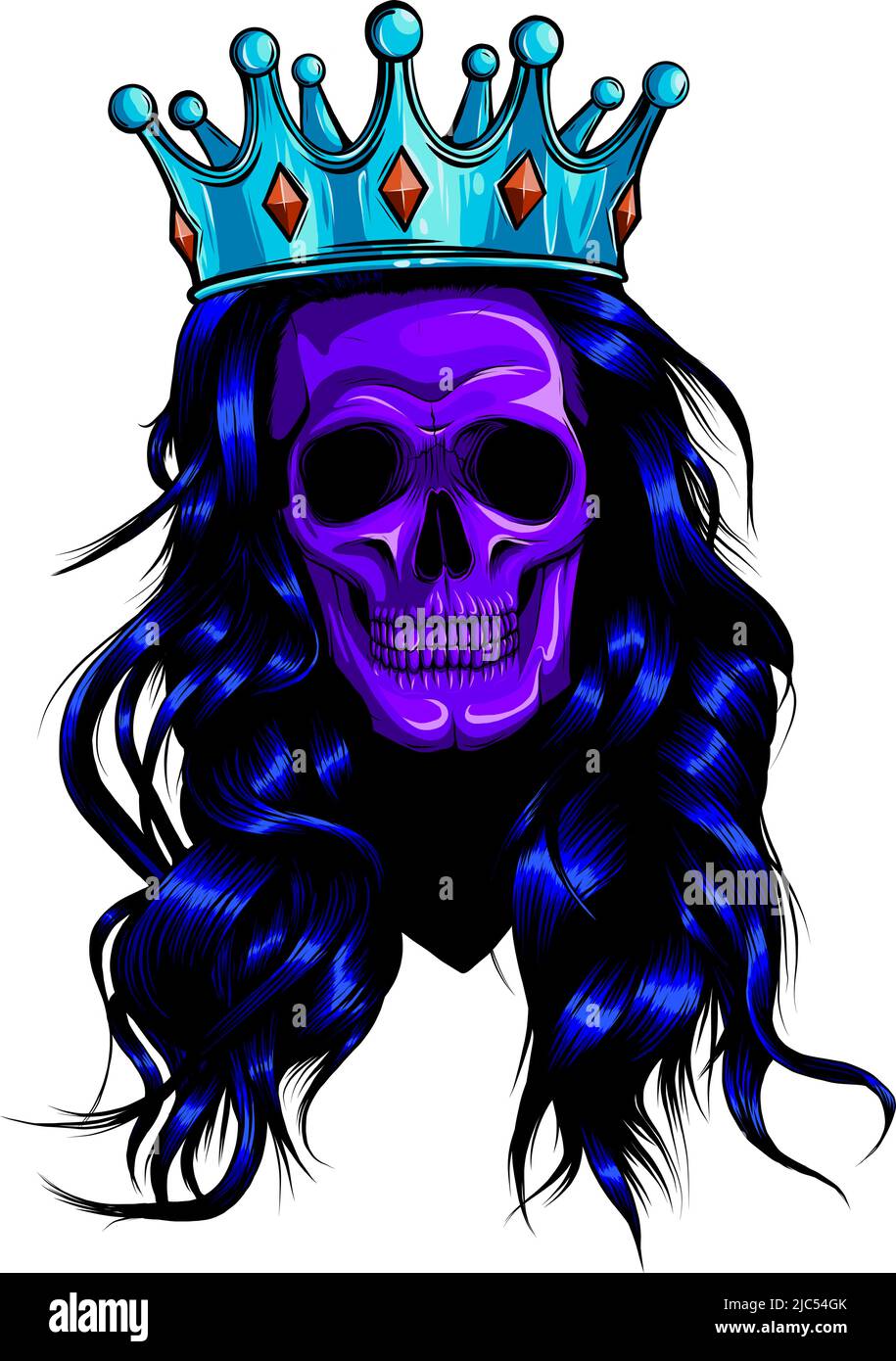 Cranio femminile con corona e capelli lunghi. Illustrazione vettoriale. Illustrazione Vettoriale