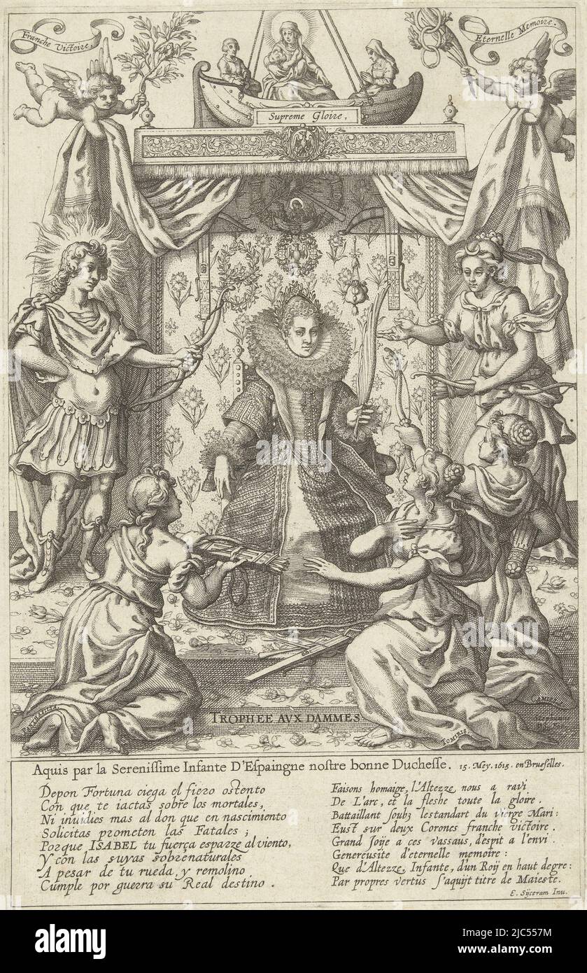 Allegoria in onore della duchessa Isabella Clara Eugenia dopo la sparatoria del pappagallo a Bruxelles il 15 maggio 1615. Isabella seduto sul trono, a sinistra Apollo, a destra Diana. In primo piano, inginocchiandosi, tre donne (Panthasilia, Tomiris e Camilla) offrono il monarca fremito di frecce e archi. Dietro il trono e a terra un tappeto decorato con fiori sparsi. Con la didascalia di 8 righe in latino e 8 righe in francese., Allegoria in onore di Isabella Clara Eugenia dopo il tiro del pappagallo in 1615 Trophee avx Dammes / Aquis par la Serenissime Infante D'Espaigne nostre bonne Dame. 15 Mey. 1615 Foto Stock