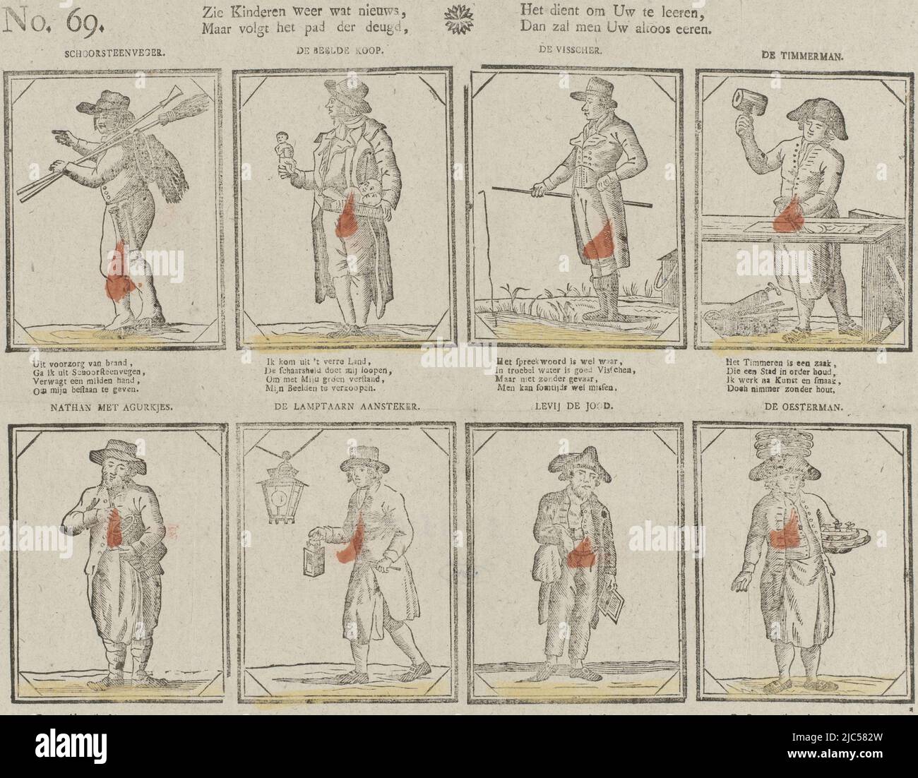 Foglio con 4 rappresentazioni di artigiani e mestieri, come scava camino, pescatore e lanterna accendino. Sotto ogni immagine un verso a quattro righe. Numerato in alto a sinistra: No. 69., vedere di nuovo i bambini ciò che è nuovo, / ma seguire il percorso della virtù, / serve per insegnarvi, / poi sarete sempre onorati , editore: Jan Hendriksen, (menzionato sull'oggetto), creatore di stampa: anonimo, Rotterdam, 1811, carta, stampa tipografica, h 330 mm x l 410 mm Foto Stock