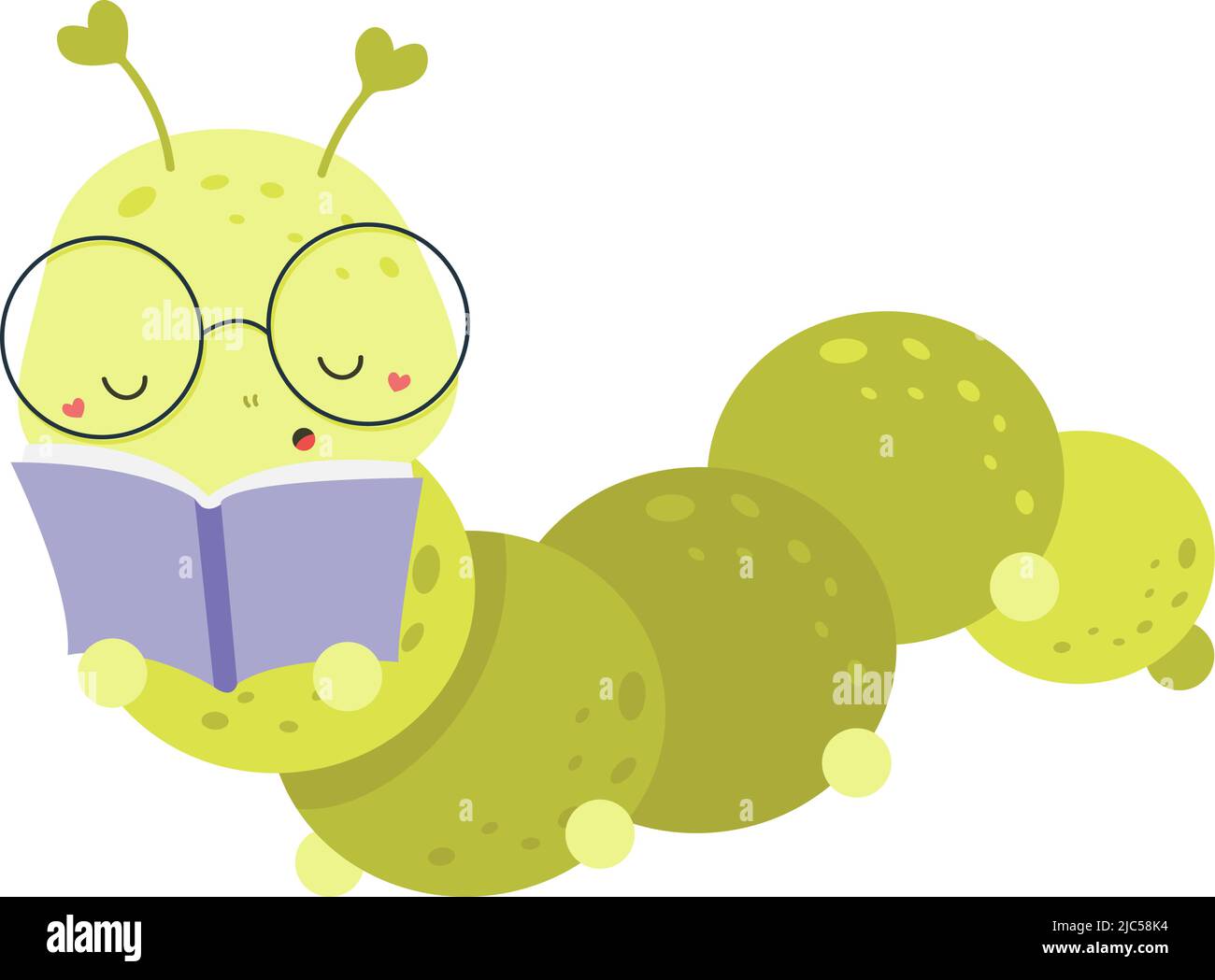 Cute Caterpillar clipart isolato su sfondo bianco. Funny clip Art Caterpillar lettura di un libro. Illustrazione vettoriale di un animale per colorare le pagine Illustrazione Vettoriale