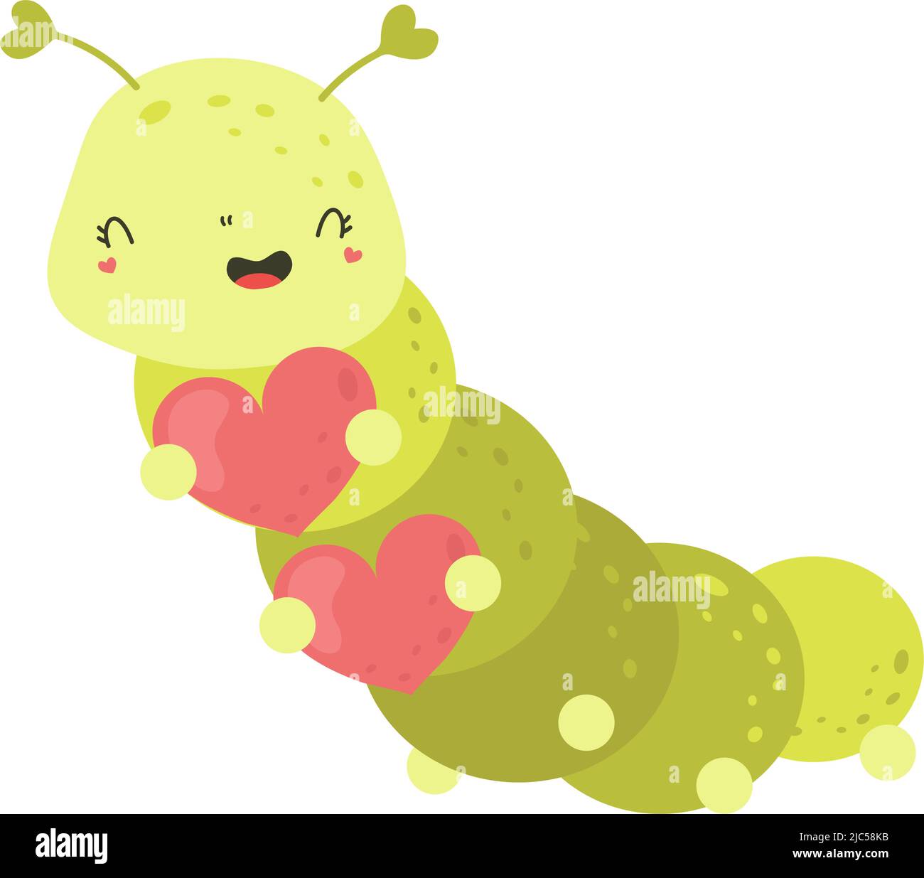 Cute Clipart Caterpillar Illustrazione in stile Cartoon. Cartoon clip Art Caterpillar con cuori. Illustrazione vettoriale di un animale per adesivi, bambino Illustrazione Vettoriale