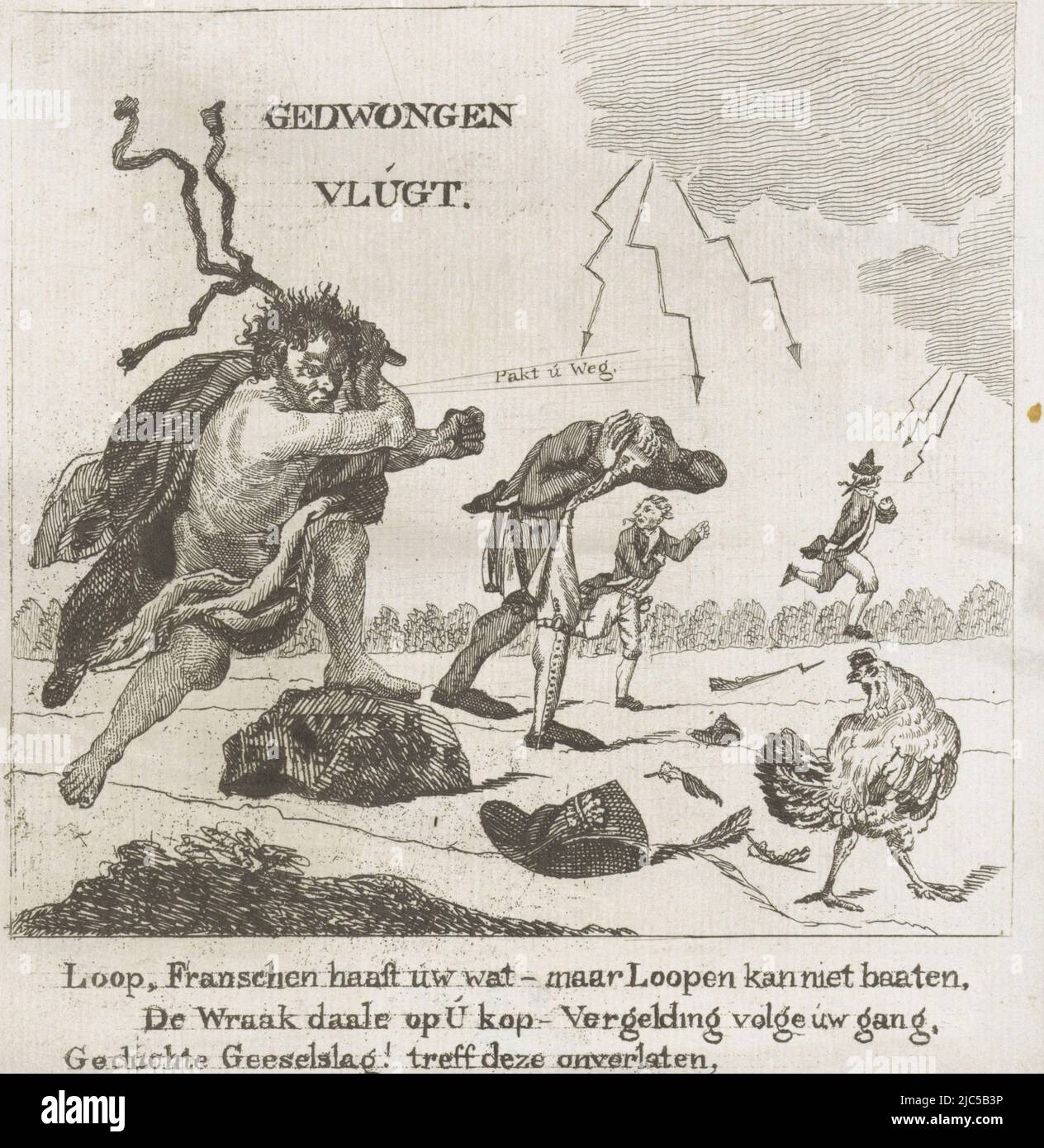 Un grande Ercole con un flagello insegue il gallo francese e tre soldati francesi. In occasione della partenza dei francesi dai Paesi Bassi nel 1793. Con la didascalia a quattro righe, Hercules insegue il francese, 1793 volo forzato , tipografo: anonimo, Paesi Bassi del Nord, 1793, carta, incisione, h 200 mm x l 172 mm Foto Stock