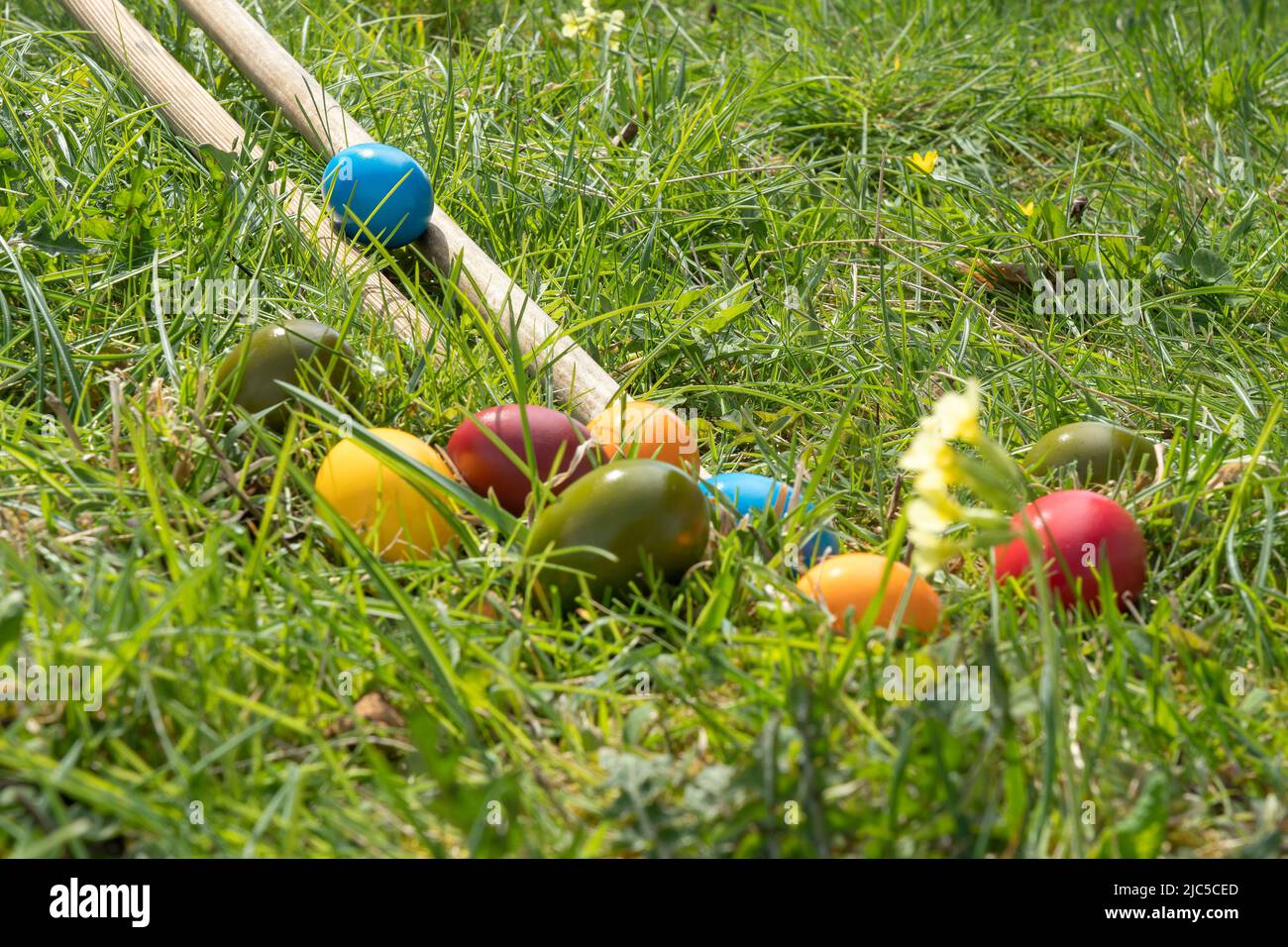 'Ostereier - Brauchtum zu Osterdas ''Ostereierscheibn'' mit gefärbten Eiern an den Osterfeiertagen Auf zwei zusammenstellten Rechen lässt man die ei Foto Stock