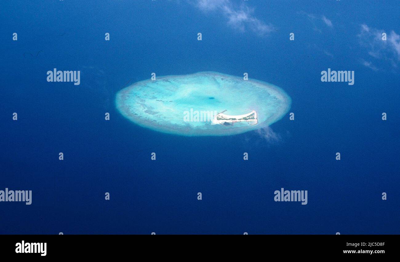 Atoll, Insel, Archipel, Malediven Indischer Ozean, Luftaufnahme, Linienflug Emirates Foto Stock