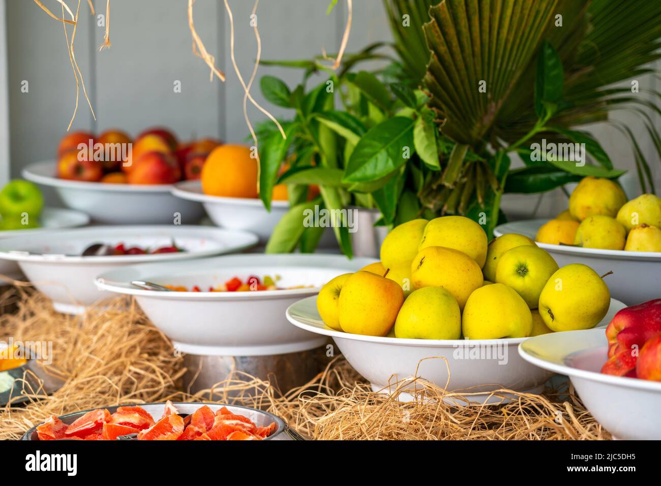 Assortimento di diversi tipi di mele fresche al tavolo a buffet con frutta Foto Stock