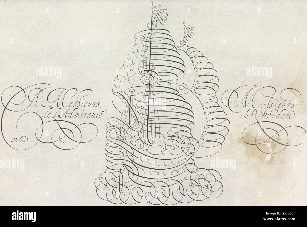 La nave dell'Ammiraglio tracciata da una linea continua. La linea scorre dal basso a destra a sinistra a metà del montante. Due righe di testo su entrambi i lati della nave. La stampa fa parte di un album, che scrive esempio con la nave ammiraglio Spieghel der schrijfkonste (titolo della collana), tipografo: Simon Frisius, Jan van de Velde (i), (menzionato sull'oggetto), Admiraliteit van Rotterdam, (menzionato sull'oggetto), tipografo: Haarlem, Rotterdam, Rotterdam, 1605, carta, incisione, a 217 mm x l 334 mm Foto Stock