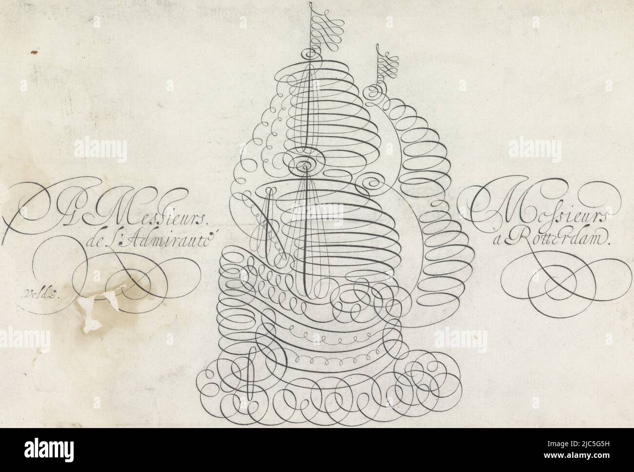 La nave dell'Ammiraglio tracciata da una linea continua. La linea scorre dal basso a destra a sinistra a metà del montante. Due righe di testo su entrambi i lati della nave. Il disegno fa parte di un album, Design of a writing sample with miral ship Spieghel der schrijfkonste (titolo della serie), Jan van de Velde (i), (menzionato sull'oggetto), Admiraliteit van Rotterdam, (menzionato sull'oggetto), Rotterdam, 1605, carta, penna, h 210 mm x l 309 mm Foto Stock