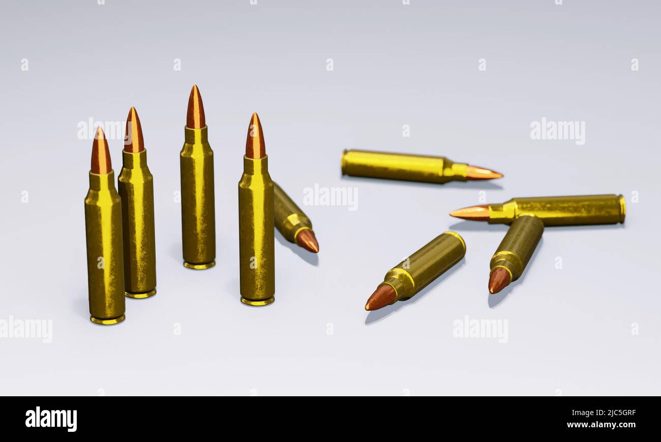 3d rendering del primo piano dei proiettili del fucile per il concetto di arma da fuoco. Foto Stock