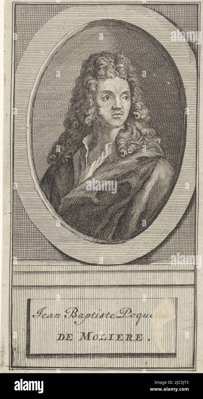 Ritratto di Jean Baptiste Poquelin Molière, tipografo: Caspar Luyken, editore: Nicolaas ten Hoorn, Amsterdam, 1705, carta, incisione, a 134 mm x l 71 mm Foto Stock