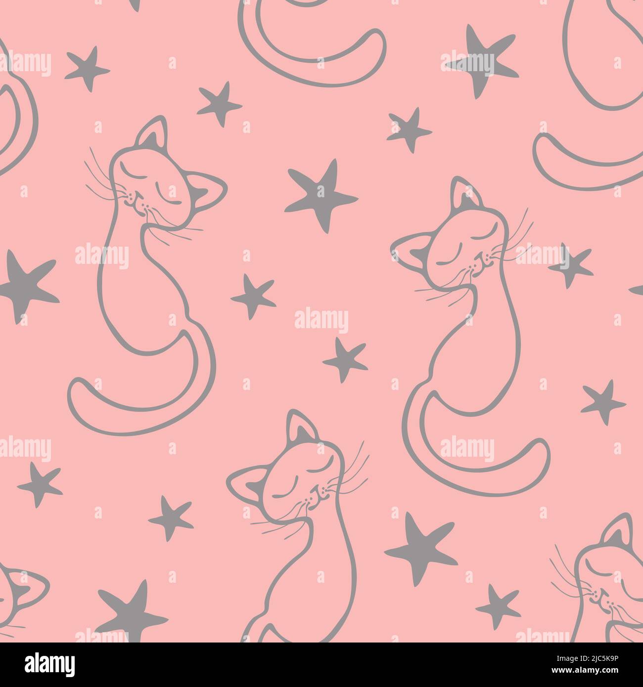 Pattern vettoriale senza giunture con gatto su sfondo rosa. Camera da letto con tappezzeria di design con cuccioli dormienti e stelle. Baby doccia tessile moda. Illustrazione Vettoriale