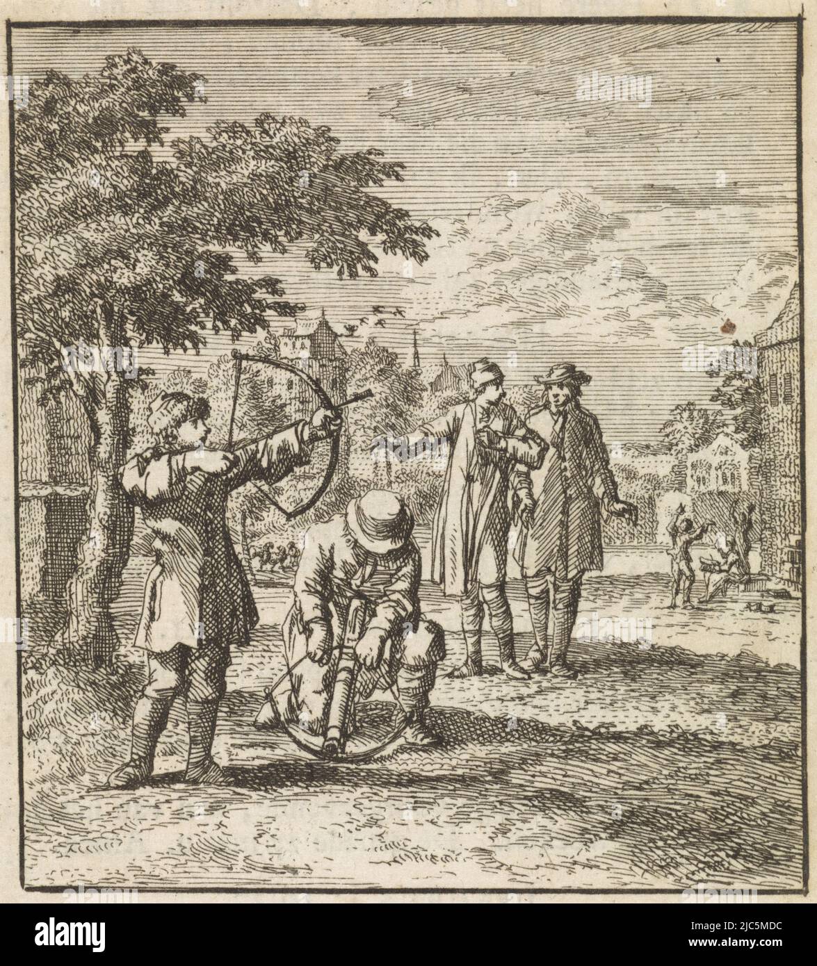 Tiro con l'arco il Bow, tipografia: Jan Luyken, tipografia: Zacharias Chatelain (II), editore: weduwe Pieter Arentsz (II), Amsterdam, 1712, carta, incisione, stampa su carta intestata, h 95 mm x l 86 mm Foto Stock