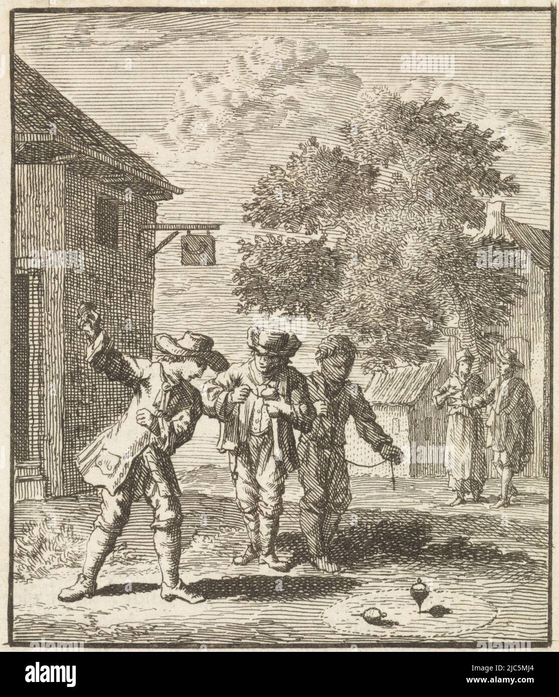 Bambini che giocano con la parte superiore rotante, stampatore: Zacharias Chatelain (II), disegnatore intermedio: Jan Luyken, editore: weduwe Pieter Arentsz (II), Amsterdam, 1712, carta, incisione, stampa su carta intestata, h 97 mm x l 83 mm Foto Stock