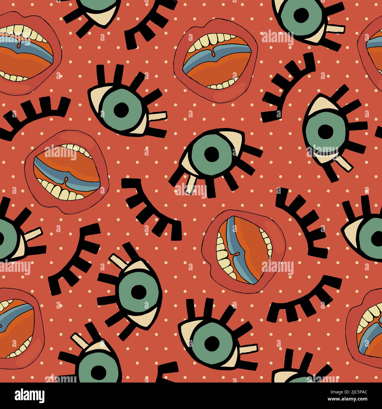 Pattern senza giunture con elementi Pop Art di occhi e labbra. Elegante comic vettore retro illustrazione Foto Stock