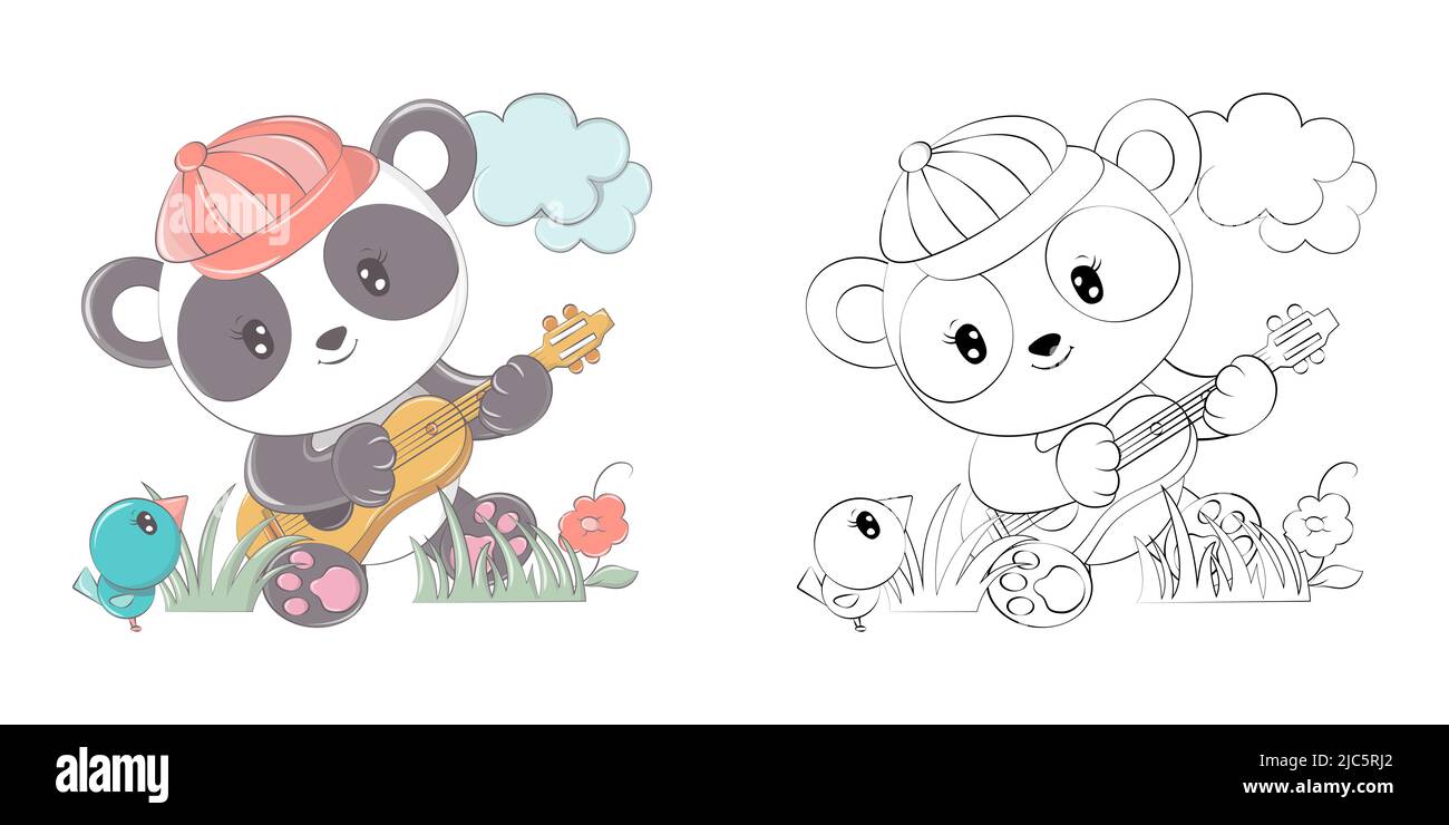 Panda clipart multicolore e bianco e nero. Bella clip Art Panda suona la chitarra. Illustrazione vettoriale di un animale per stampe per abiti Illustrazione Vettoriale