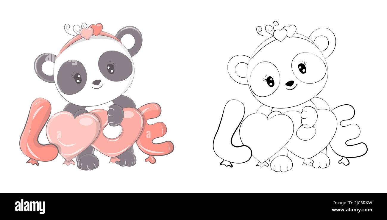 Panda clipart per colorare pagina e multicolore illustrazione. Baby clip Art Panda con Love Balloons. Illustrazione vettoriale di un animale per la colorazione Illustrazione Vettoriale