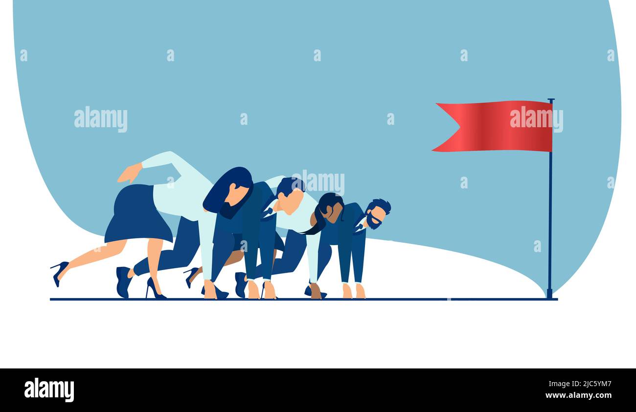 Vettore di persone aziendali dipendenti pronti a correre, in piedi alla linea di partenza con bandiera. Illustrazione Vettoriale