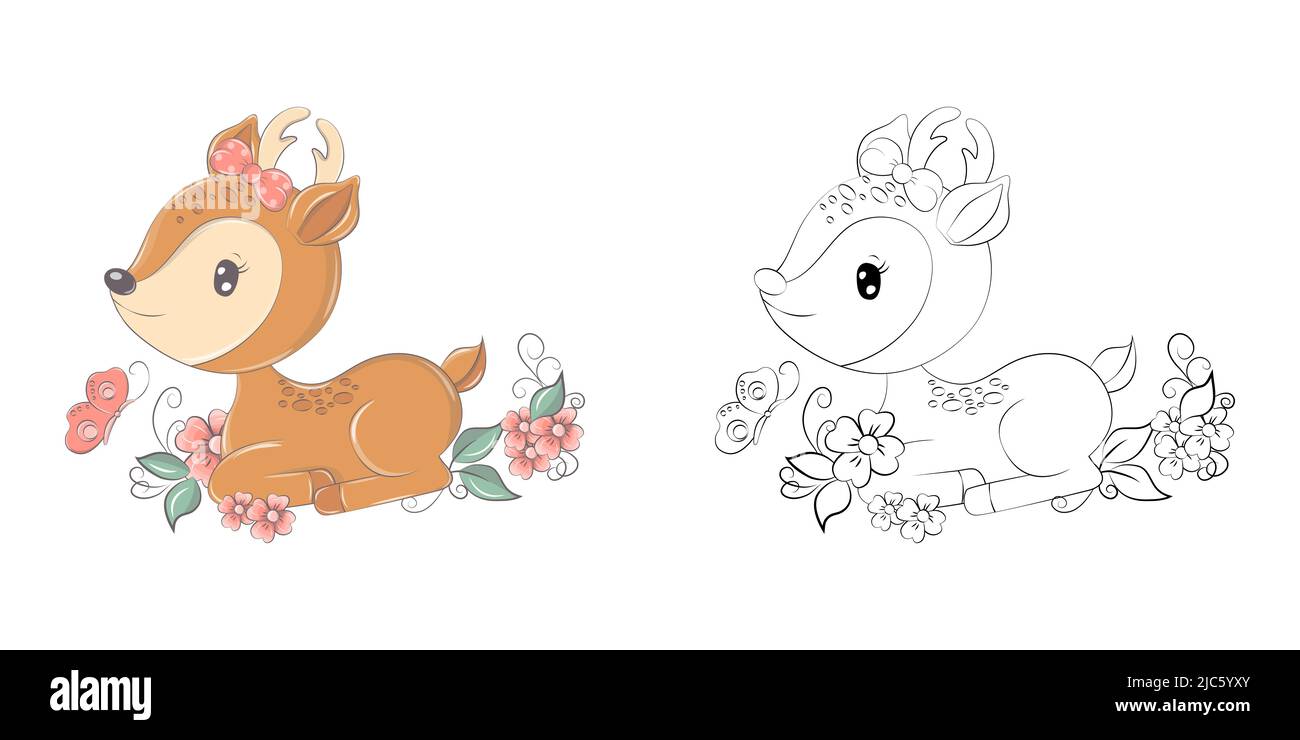 Illustrazione di cute Deer Clipart e bianco e nero. Divertente clip Art Deer nel campo dei fiori. Illustrazione vettoriale di un animale per colorare le pagine Illustrazione Vettoriale