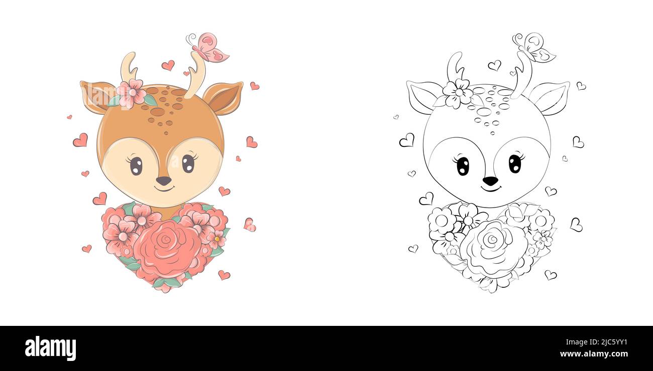 Cute Deer Clipart per colorare pagina e illustrazione. Buon cervo clip Art con bouquet di fiori. Illustrazione vettoriale di un animale per adesivi, stampe Illustrazione Vettoriale