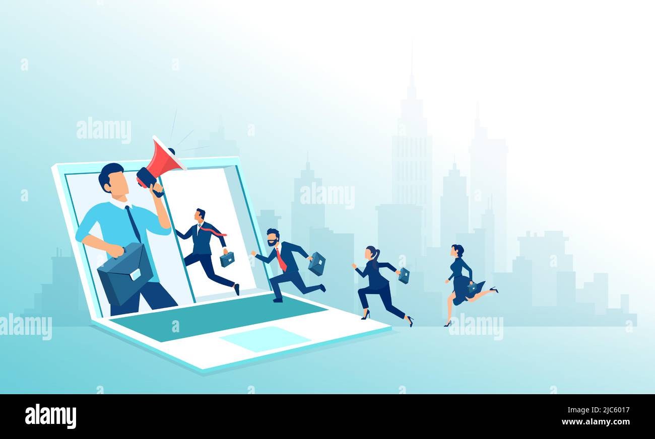 Lavoro remoto, concetto di lavoro online. Vettore di uomini d'affari che corrono nel computer portatile Illustrazione Vettoriale