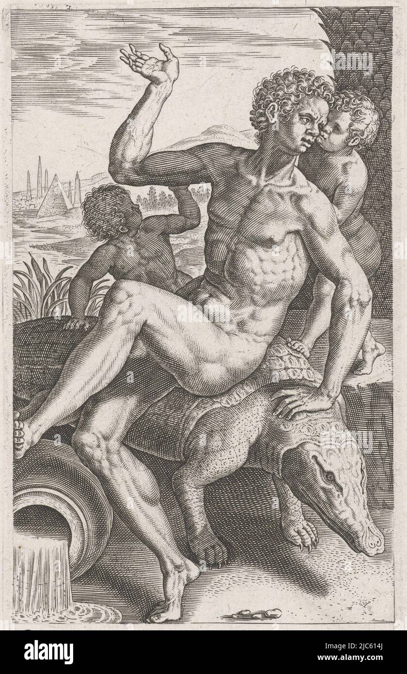 Il dio fiume Nilo sedé su un coccodrillo. La stampa fa parte di una serie di diciassette parti su divinità fluviali e marine, River God Nilus Nilvs River e SEA Gods (titolo della serie) Semideorum Marinorum amnicorumque sigillariae imagines perelegantes (titolo della serie), print maker: Philips Galle, (menzionato sull'oggetto), editore: Philips Galle, Anversa, 1586, carta, incisione, h 165 mm x l 102 mm Foto Stock