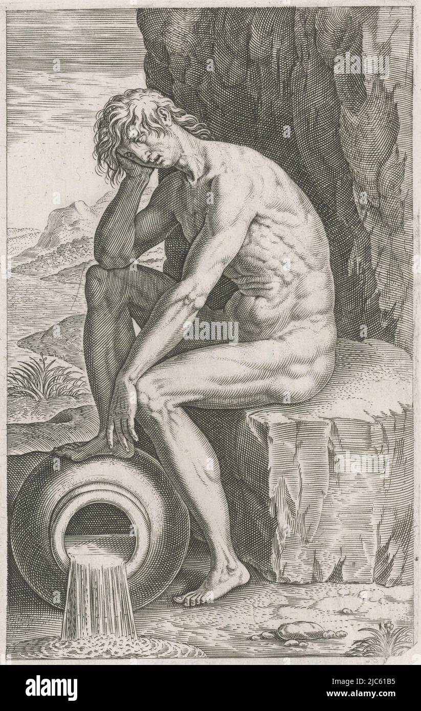 Il dio Tamesi (il Tamigi), seduto su un blocco di pietra. Nelle sue mani la cornucopia. La stampa fa parte di una serie di diciassette parti sugli dei fluviali e marini, River God Tamesis Tamesis River e SEA Gods (titolo della serie) Semideorum Marinorum amnicorumque sigillariae imagines perelegantes (titolo della serie), print maker: Philips Galle, (menzionato sull'oggetto), editore: Philips Galle, Anversa, 1586, carta, incisione, h 165 mm x l 102 mm Foto Stock