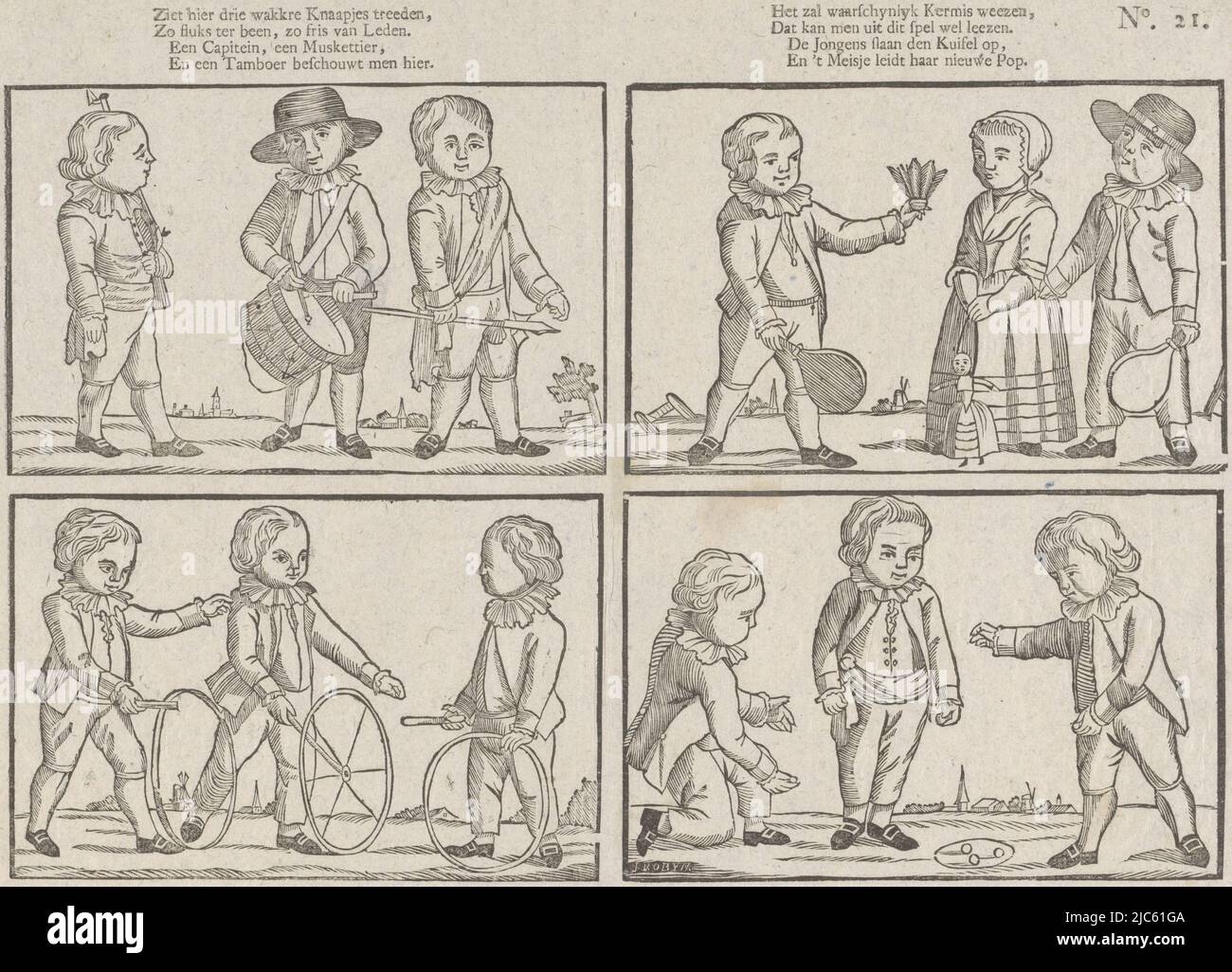 Foglio con 4 rappresentazioni di giochi per bambini. Sopra ogni immagine un verso a quattro righe. Numerato in alto a destra: No. 21., Zeest hier drie wakkre knaapjes treeden, / Zo fluks ter leg, zo frisk di leden (...) , Print maker: Jacobus Robijn, (menzionato sull'oggetto), editore: Erven weduwe Cornelis Stichter, (menzionato sull'oggetto), Amsterdam, 1731 - 1797, carta, stampa su carta intestata, h 330 mm x l 417 mm Foto Stock