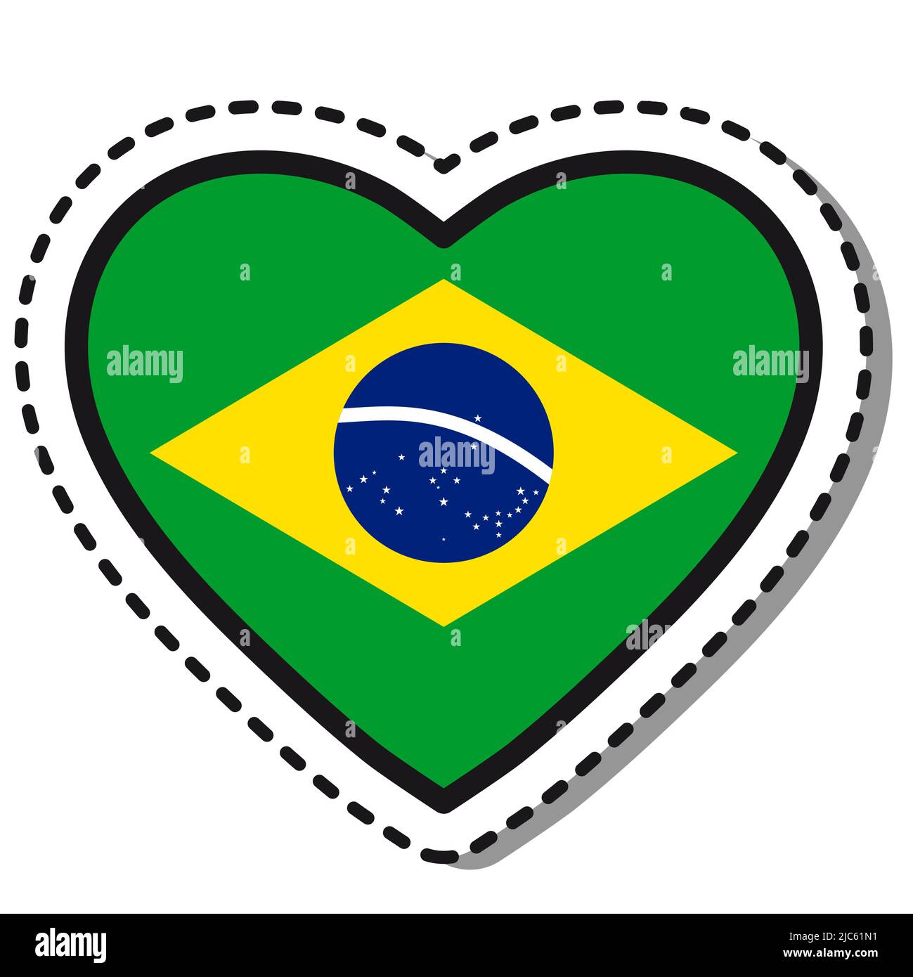 Bandiera Brasile cuore adesivo su sfondo bianco. Badge Vintage Vector Love. Elemento di progettazione del modello. Giornata nazionale. Cartello da viaggio. Illustrazione Vettoriale
