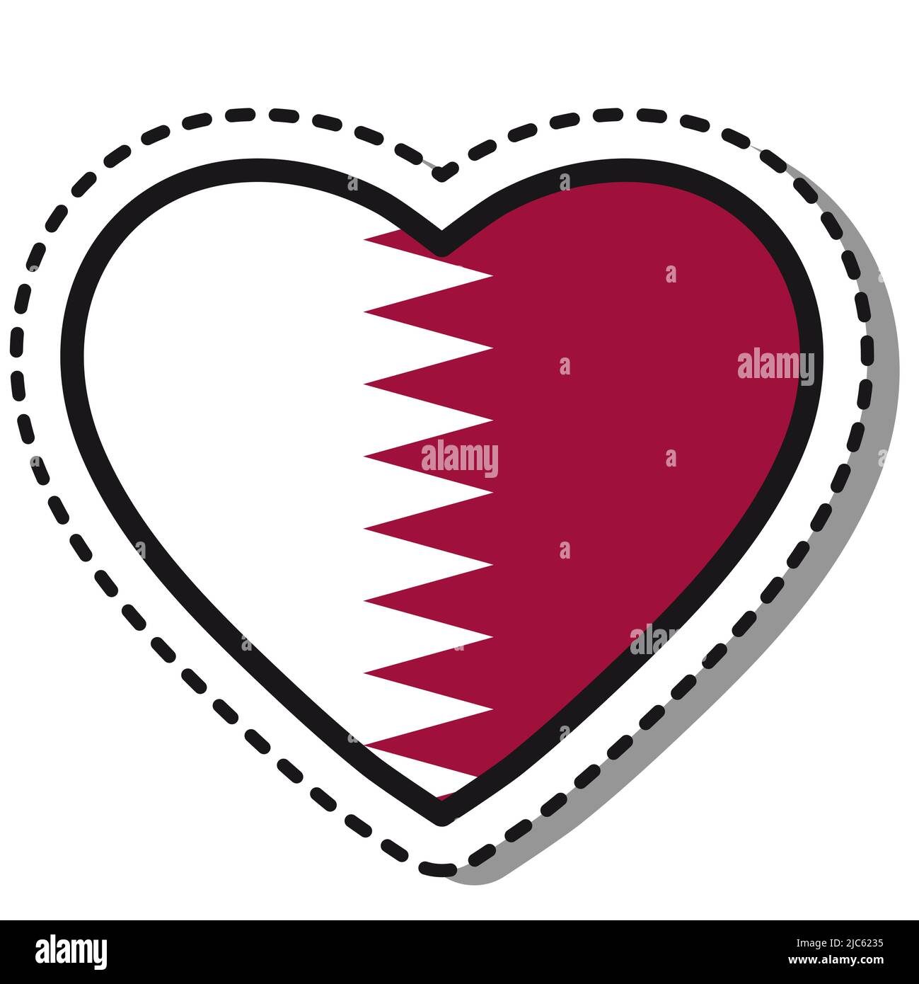 Bandiera Qatar cuore adesivo su sfondo bianco. Badge Vintage Vector Love. . Giornata nazionale. Cartello da viaggio. Illustrazione Vettoriale