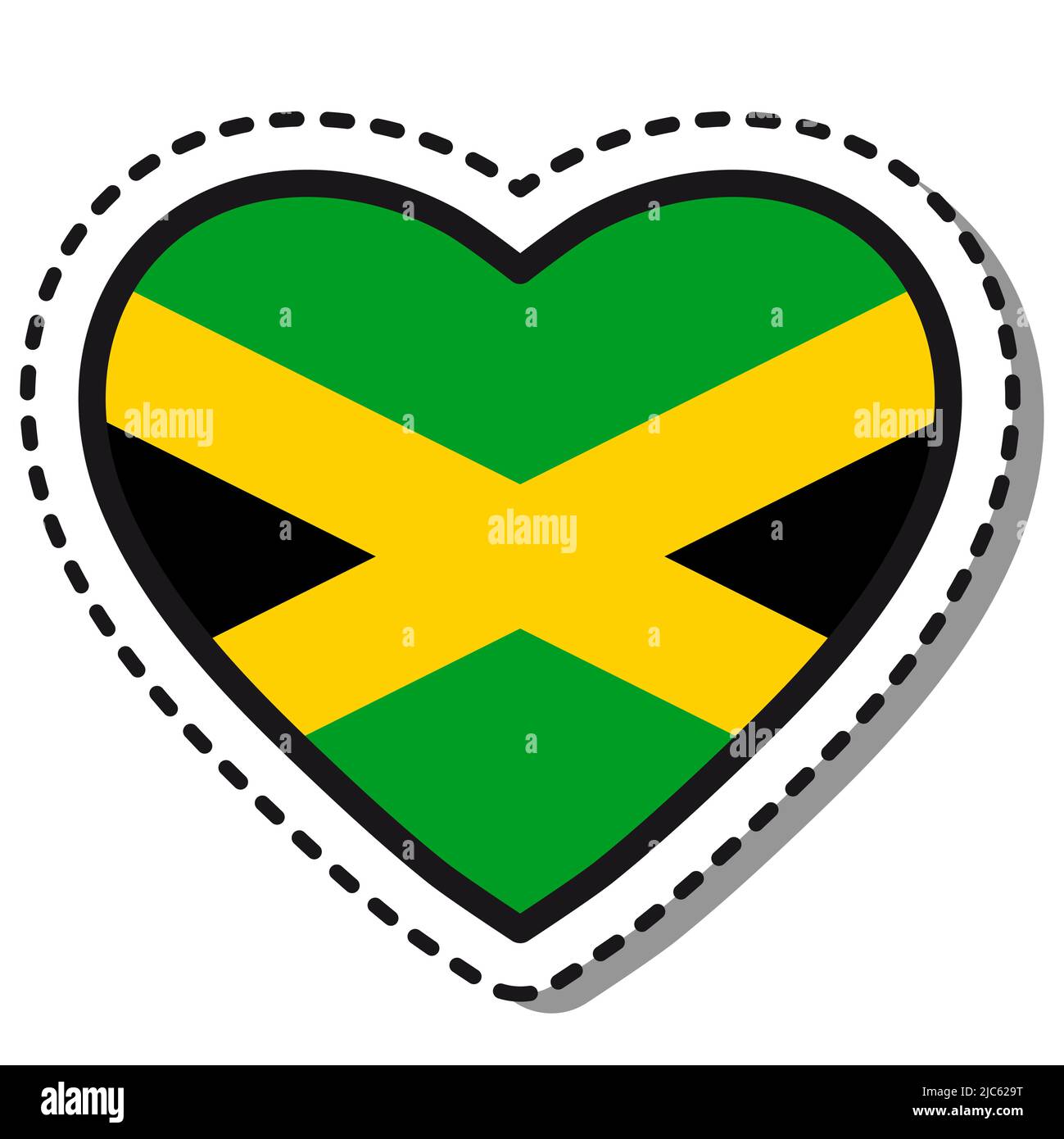 Adesivo Flag Jamaica Heart su sfondo bianco. Badge Vintage Vector Love. Giornata nazionale. Cartello da viaggio. Illustrazione Vettoriale