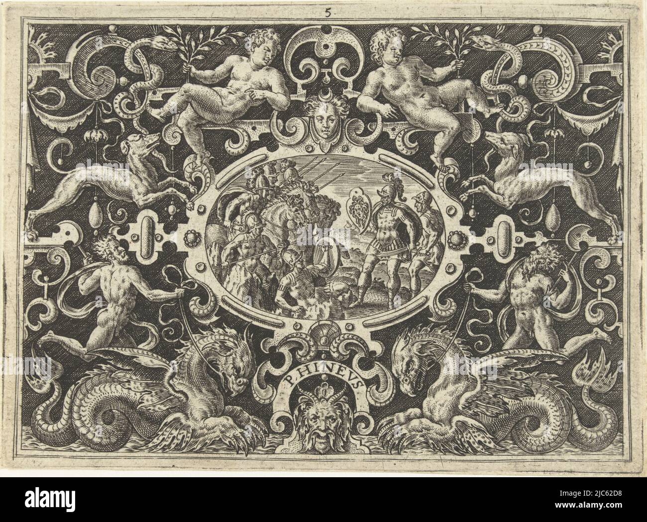 Cartouche in cornice ornamentale con grottesche, putti e animali, su sfondo ombreggiato. Nel telaio in basso a sinistra e a destra un uomo con mostro di mare. Nel cartouche la scena in cui Perseo mostra il suo scudo medusa a Fineus e ai suoi uomini. Si girano verso la pietra., Perseus mostra il suo scudo Medusa a Phineus PHINEUS , tipografo: Abraham de Bruyn, Abraham de Bruyn, editore: Joos de Bosscher, Olanda, (possibilmente), 1584, carta, incisione, a 88 mm x l 122 mm Foto Stock