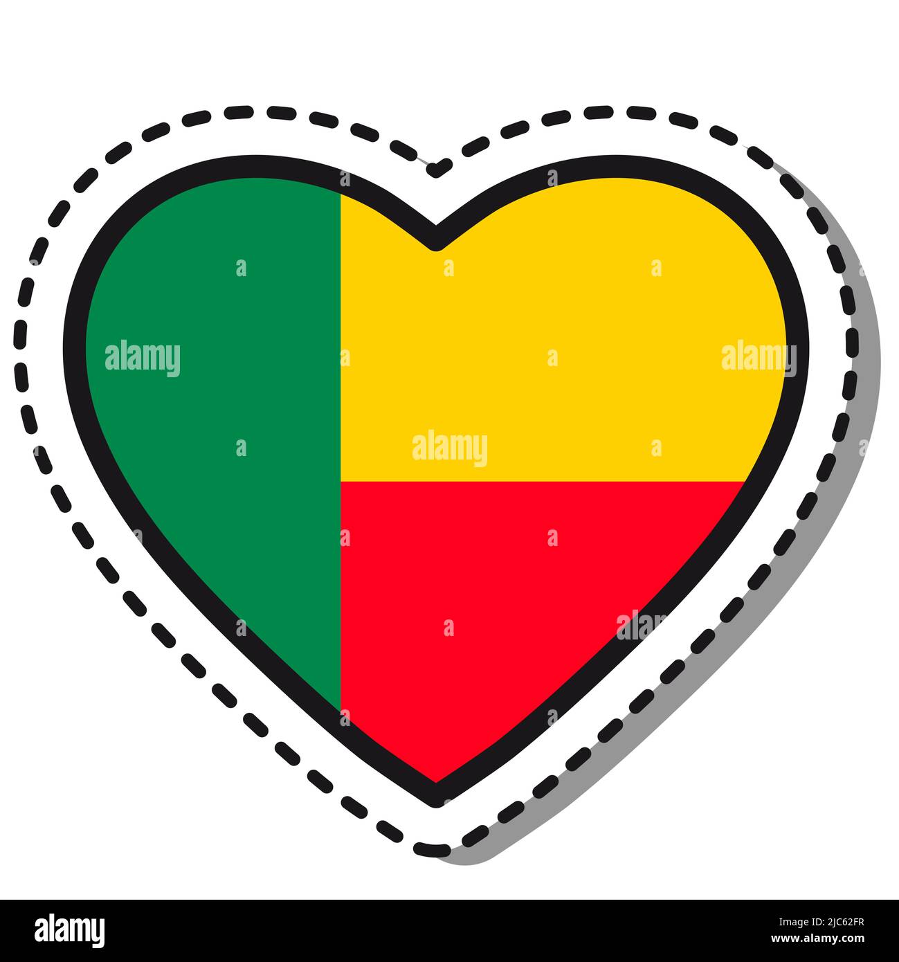 Adesivo Flag Benin Heart su sfondo bianco. Badge Vintage Vector Love. Giornata nazionale. Cartello da viaggio. Illustrazione Vettoriale
