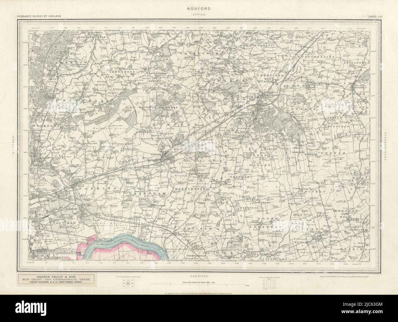 Scheda di indagine sull'ordnance 257 Romford. Mappa NE London Essex Brentwood Barking 1883 Foto Stock
