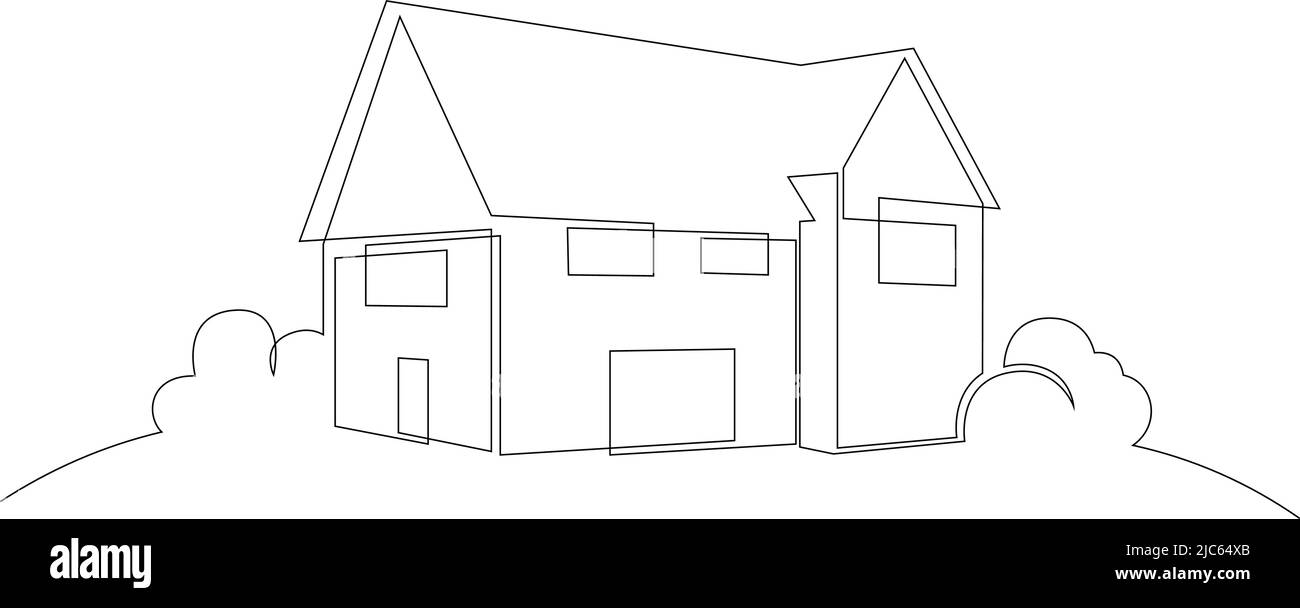 Semplice casa di campagna circondata da vegetazione lussureggiante in linea continua stile disegno d'arte. Suburban casa minimalista nero lineare design isolato su bianco Illustrazione Vettoriale