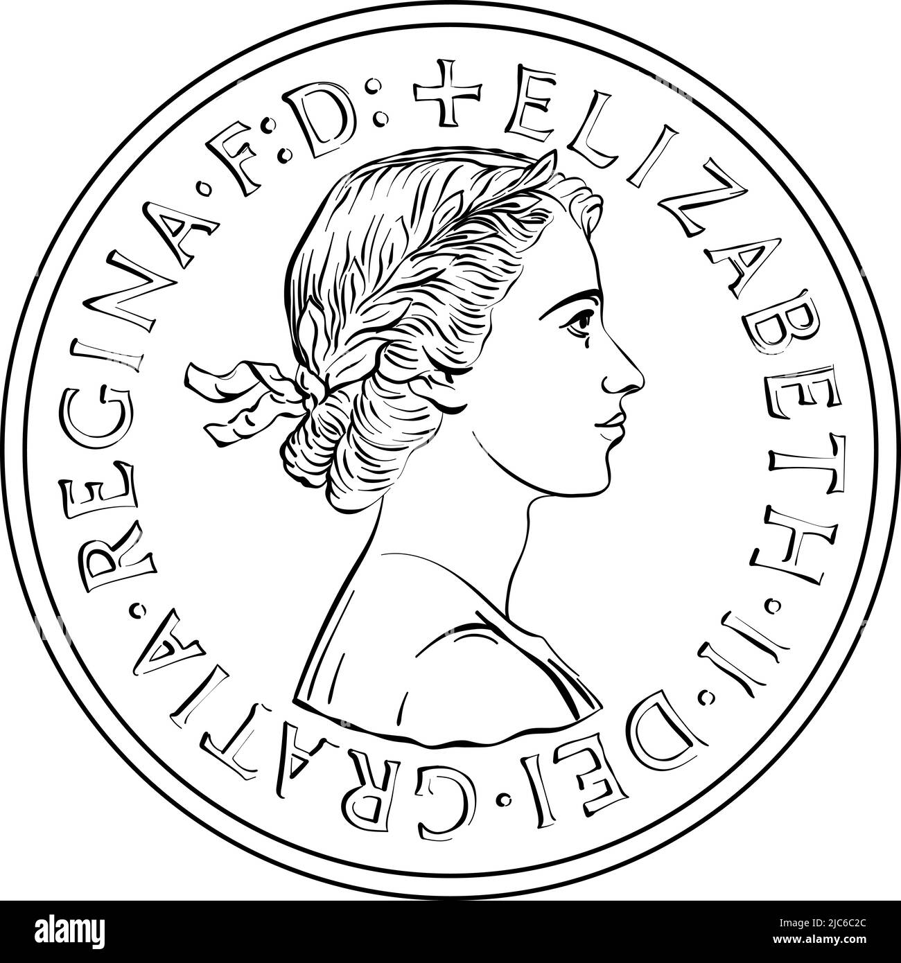 Moneta britannica vettoriale in bianco e nero un vecchio mezzo centesimo Illustrazione Vettoriale
