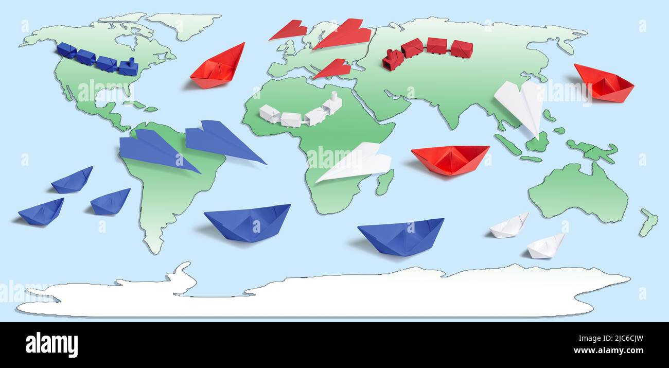 Set logistico Origami Travel o Transportation - navi, aerei e treni su una Mappa del mondo vuota Foto Stock