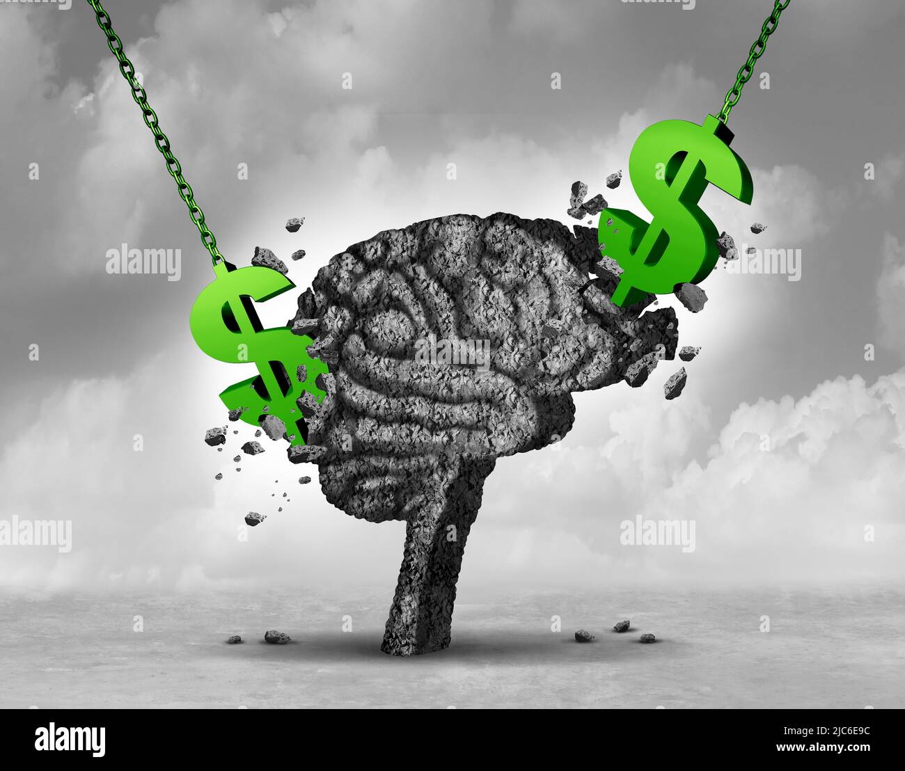 Stress finanziario e dolore economico o la sensazione di ansia aziendale come segnali di denaro a forma di una palla devastante mentale. Foto Stock