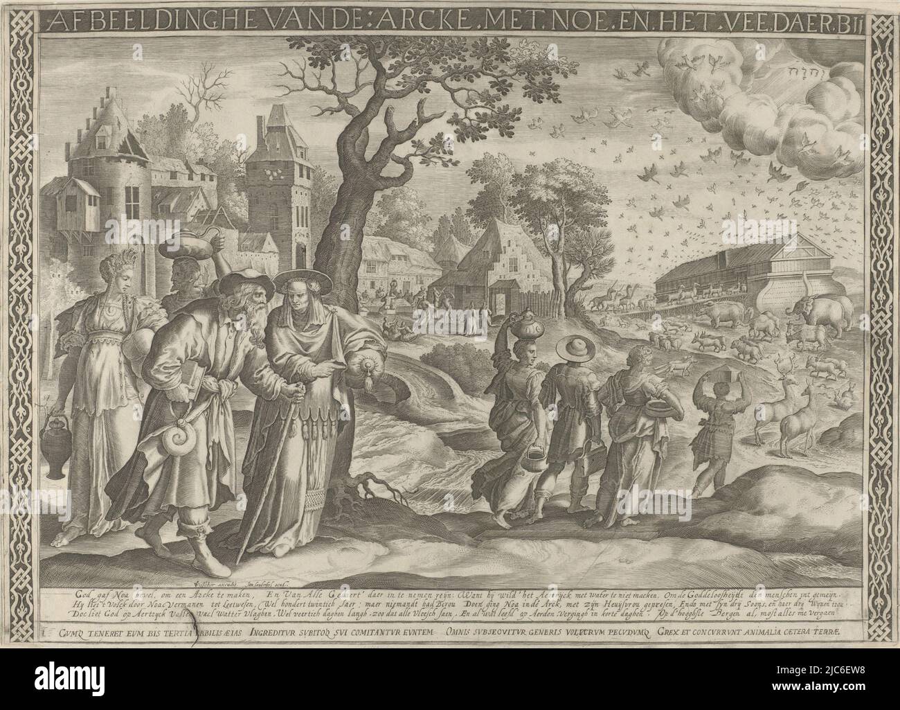 Noè e sua moglie, lasciate in primo piano, camminano con i loro tre figli e le loro cimetre fino all'arca. Gli animali entrano nell'arca due per due. A destra nel cielo c'è il tetragramma come simbolo di Dio Padre. Sotto la scena c'è un testo in olandese e una linea in latino, Booting Noah's ARK Afbeeldinghe vande Arcke Met Noe en het vee daerbij Royaalbijbel (titolo della serie), print maker: Jan van Londerseel, (menzionato sull'oggetto), editore: Claes Jansz. Visscher (II), (citato in oggetto), editore: Nicolaes Visscher (i), Amsterdam, 1585 - 1625 e/o 1601 - 1702, carta, incisione, incisione, incisione, incisione, h 377 mm x p. Foto Stock
