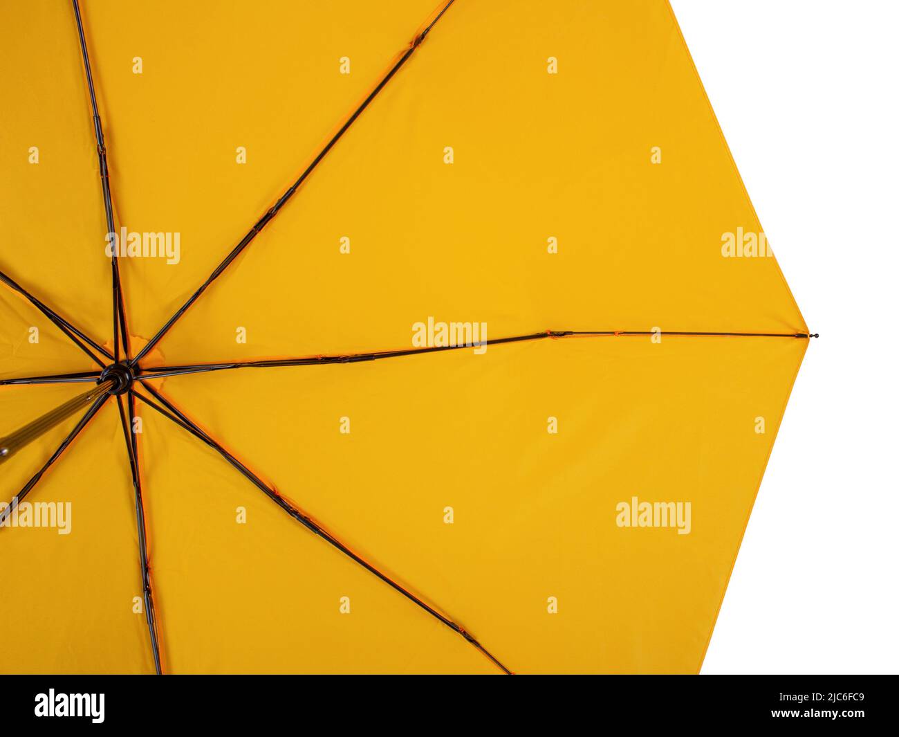 Parte inferiore dell'ombrello giallo con otto costole isolate su sfondo bianco. Vista dal basso Foto Stock