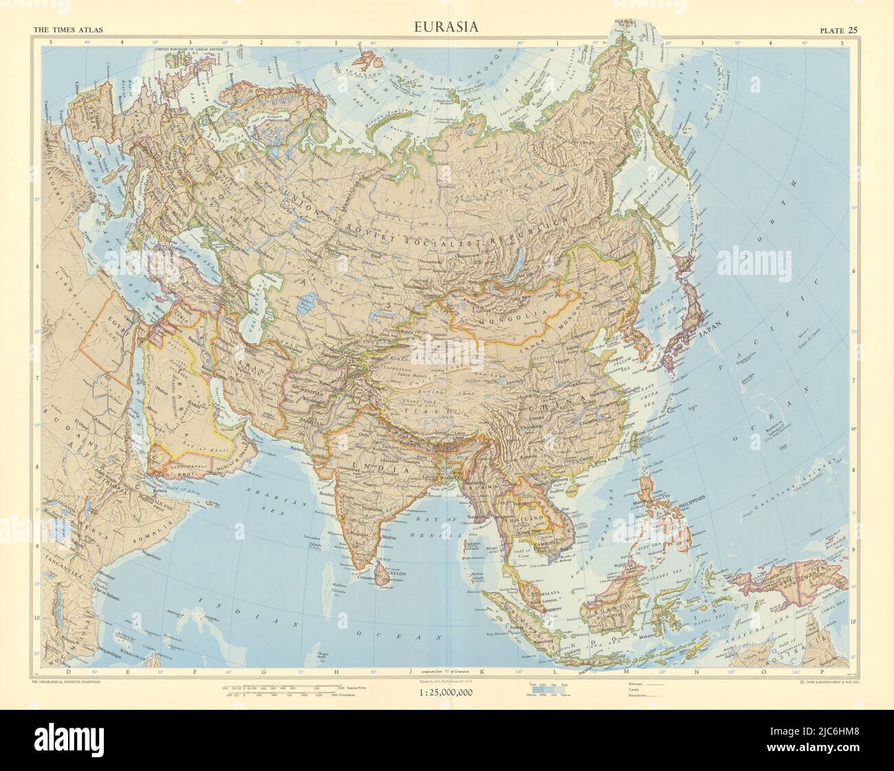 Eurasia. Europa e Asia politica e soccorso. URSS. Trucial Oman. MAPPA TIMES 1959 Foto Stock