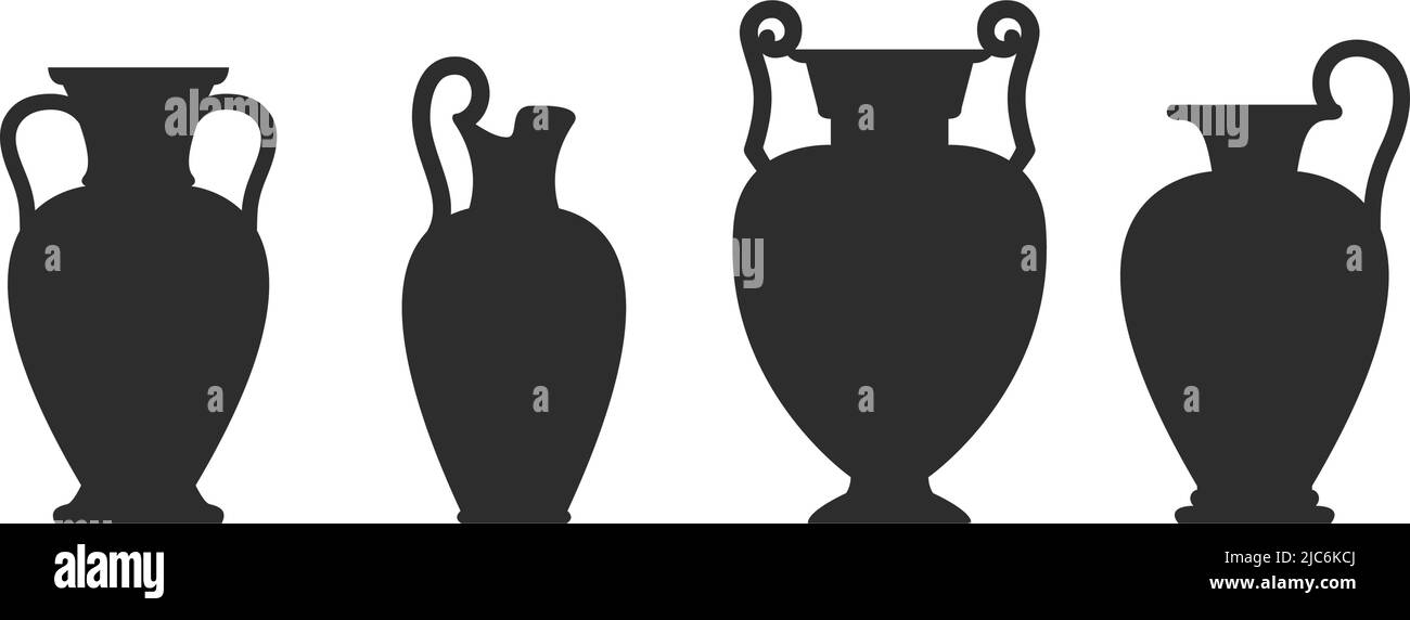 Set di silhouette in vaso. Vari vasi antichi in ceramica. Antiche giare greche e sagome di anfore. Vasi di argilla ceramica. Vettore Illustrazione Vettoriale