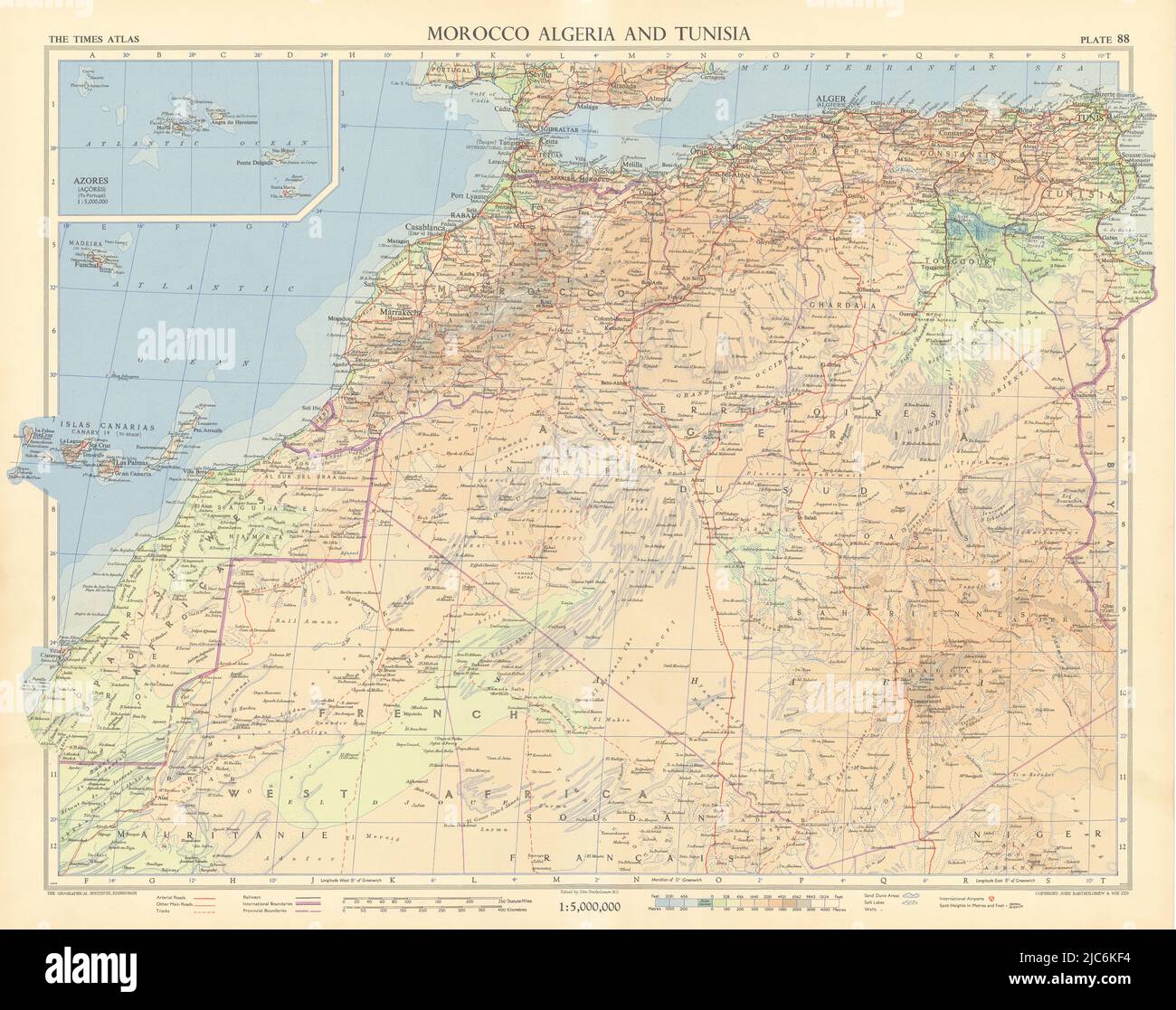 Marocco Algeria. Francese e spagnolo Africa occidentale. Dune di sabbia del Sahara. MAPPA TIMES 1956 Foto Stock