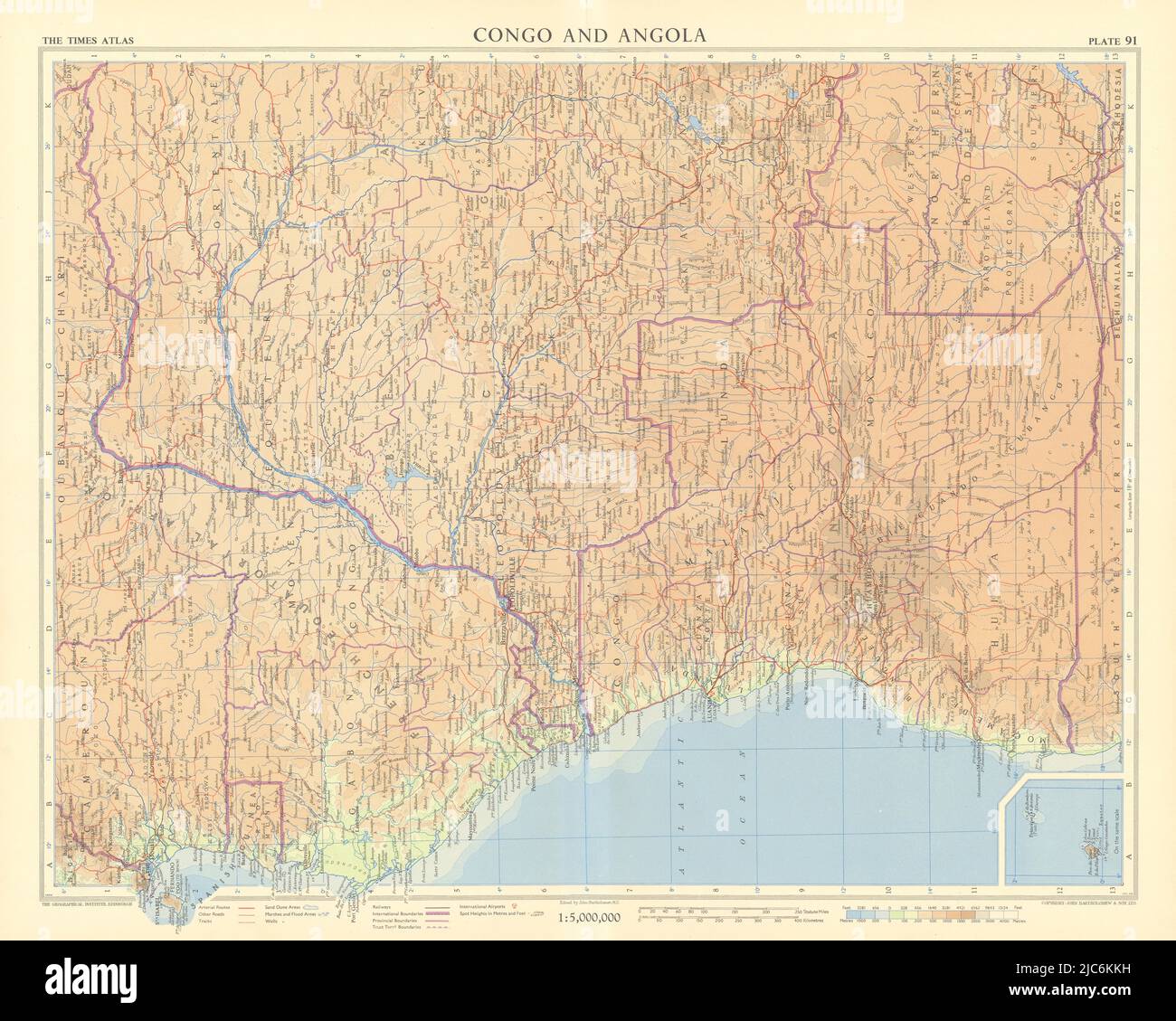 Africa sud-occidentale. Congo Belga Angola Africa equatoriale francese. MAPPA TIMES 1956 Foto Stock