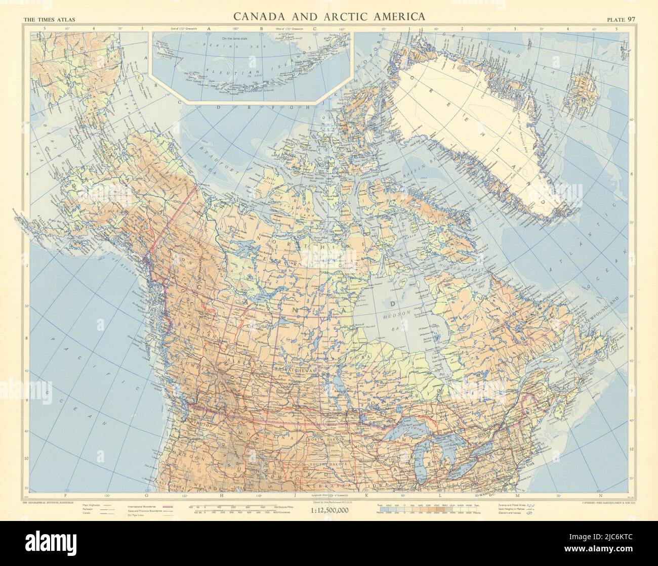 Canada e America artica. Alaska della Groenlandia. TIMES 1957 vecchio grafico della mappa d'epoca Foto Stock