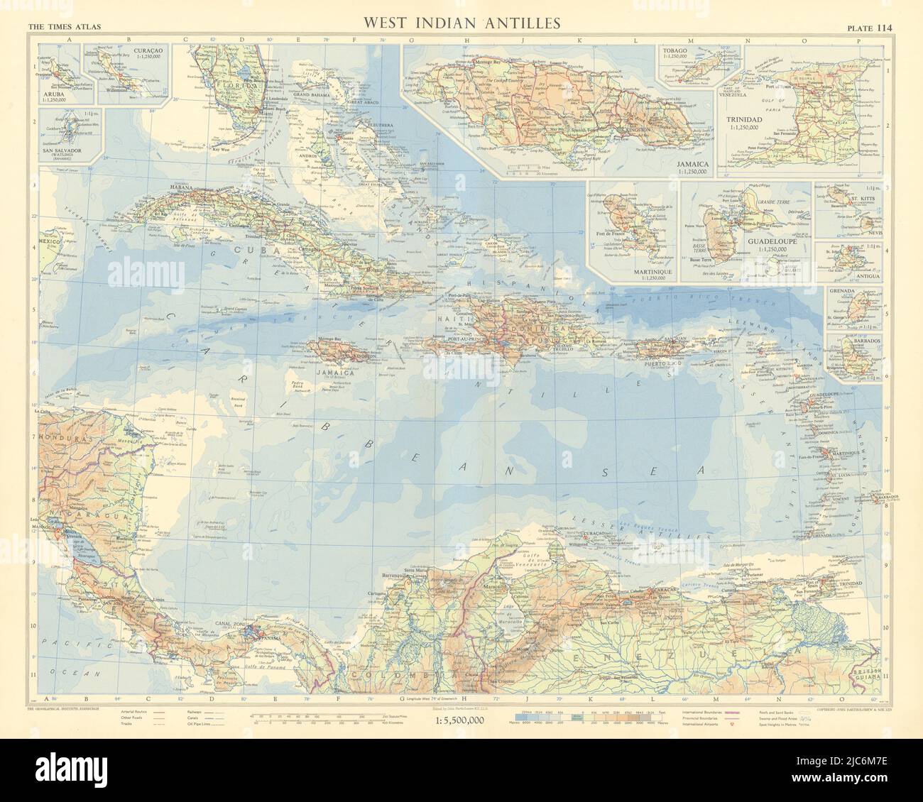 Indie Occidentali. Antille Caraibi Giamaica Trinidad. TIMES 1957 vecchia mappa d'annata Foto Stock