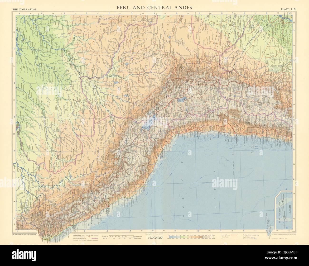 Perù e Andes centrale. Bolivia Cile Amazonai. Stati andini. MAPPA TIMES 1957 Foto Stock