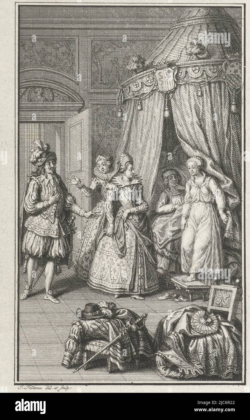 Tre figure riccamente vestite sono entrate in un dormitorio e trovano un uomo e una donna a letto. L'uomo è rimasto a letto mentre la donna si è scomodata in una camicia da notte. In primo piano, vestiti rimossi si trova attraverso una sedia e uno sgabello, coppia di amore catturato in una camera da letto, creatore di stampa: Jacob Folkema, (menzionato sull'oggetto), Jacob Folkema, (menzionato sull'oggetto), 1702 - 1767, carta, incisione, h 165 mm x l 121 mm Foto Stock