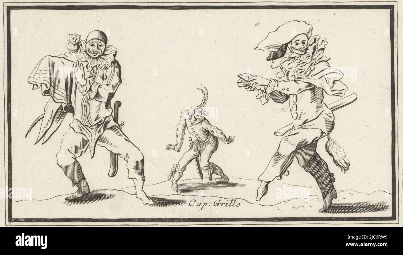 Tre personaggi della commedia dell'arte. A sinistra Mestolino con un gufo sulla spalla. Nel tappo centrale. Grillo e Guastetto destro con carte da gioco(?) Nelle sue mani, Mestolino, Cap. Grillo e Guastetto Mestolino Cap. Grillo Guastetto personaggi della commedia dell'arte (titolo della serie), tipografia: Anthonie de Winter, Jacques Callot, editore: Cornelis Danckerts (II), tipografia: Noord-Nederland, editore: Amsterdam, 1668 - 1707, carta, incisione, h 123 mm x l 194 mm Foto Stock