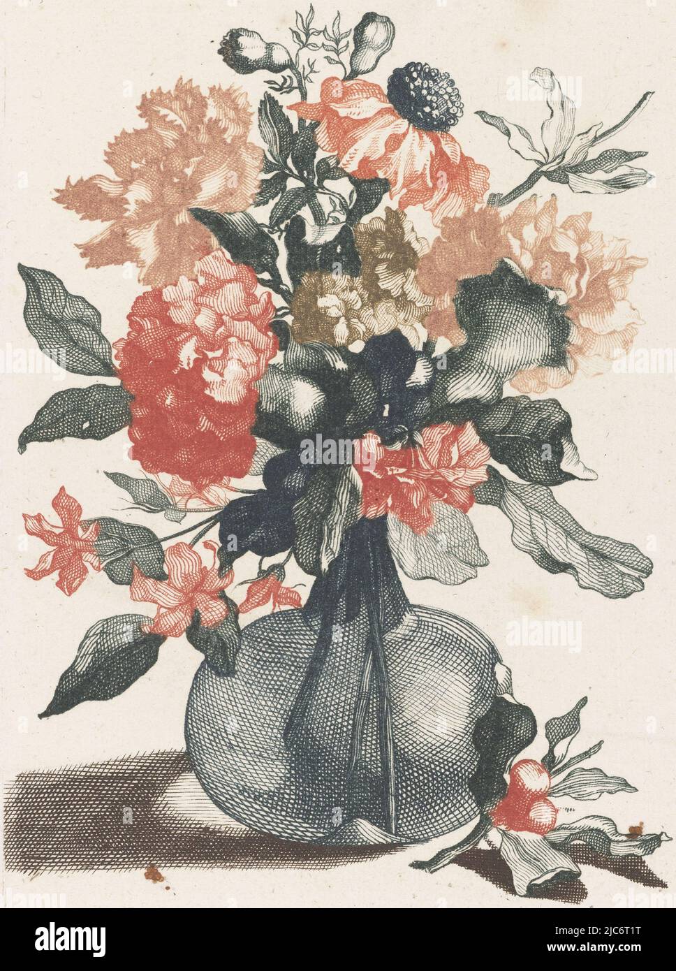 Cinque stampe di fiori in vasi di vetro vaso di vetro con fiori e di fronte al vaso un ramo con fiore, tipografo: anonimo, Jean Baptiste Monnoyer, Johan Teyler, Paesi Bassi, 1688 - 1698, carta, incisione, incisione, h 223 mm x l 148 mm Foto Stock