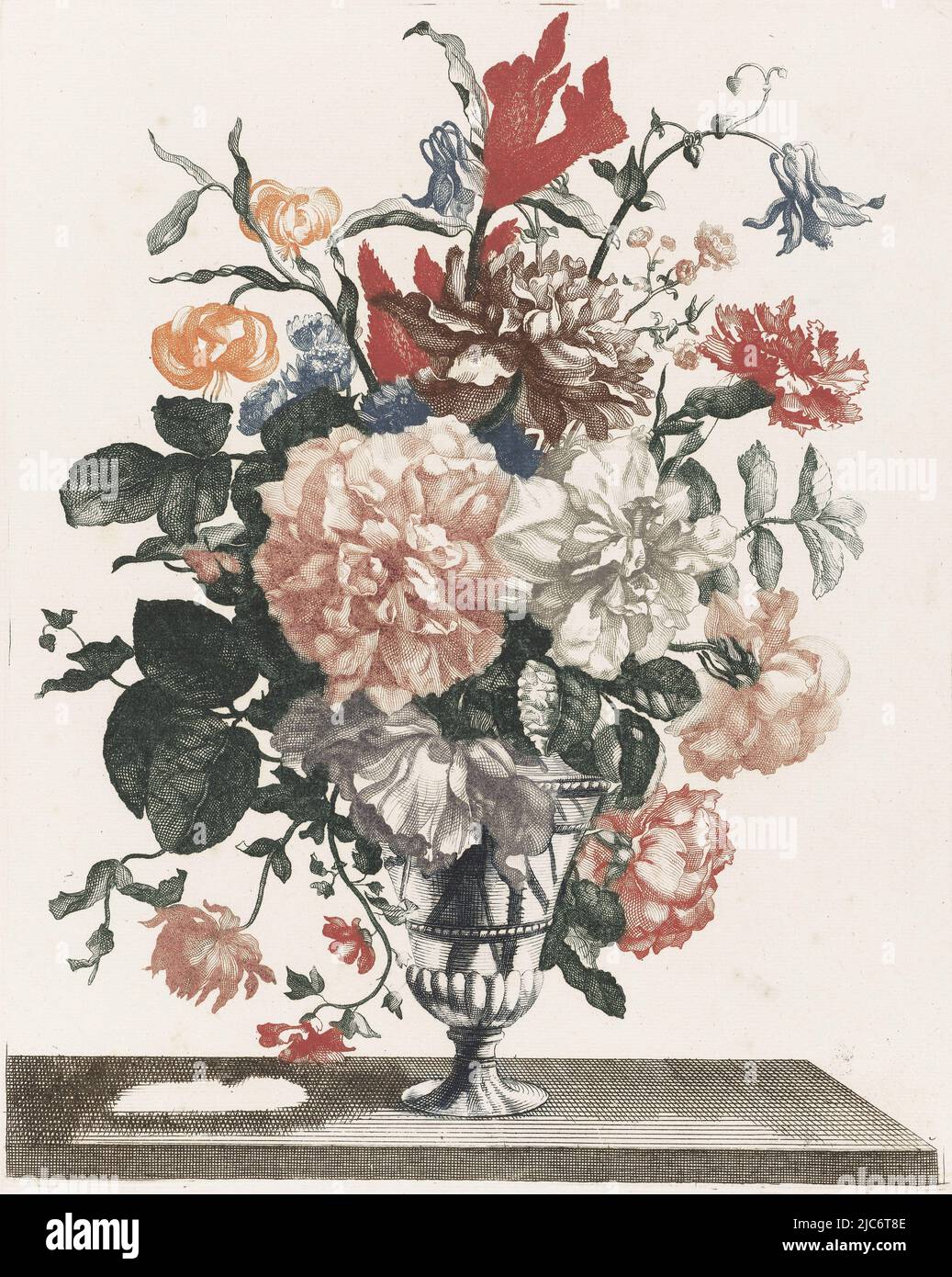 Cinque stampe di fiori in vasi di vetro vaso di vetro su base con fiori, tipografo: anonymous, Jean Baptiste Monnoyer, Johan Teyler, Paesi Bassi, 1688 - 1698, carta, incisione, incisione, h 304 mm x l 242 mm Foto Stock